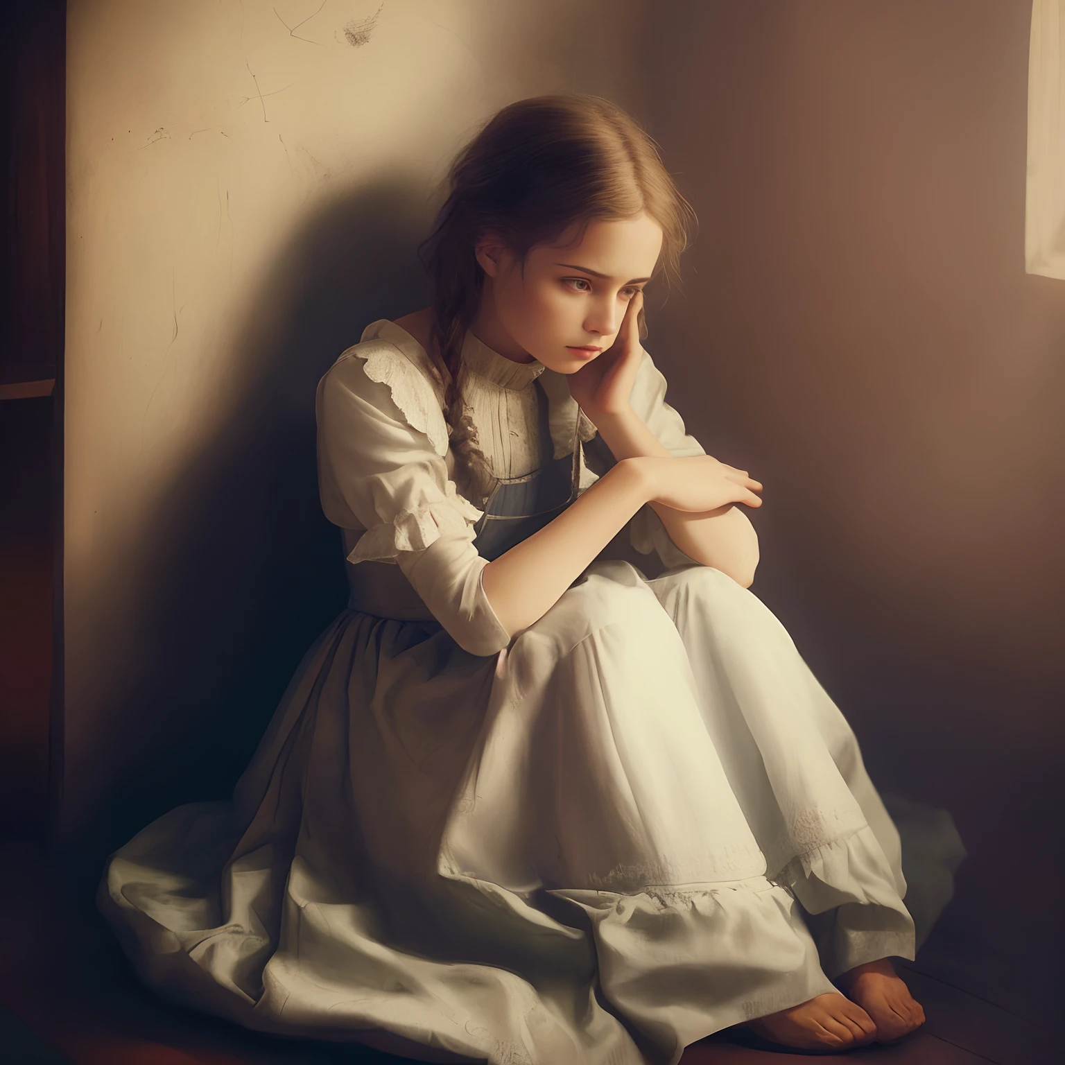 There's a young woman sitting on the floor of a room, beautiful lonely girl, Rapariga, inspirado em William-Adolphe Bouguereau, garotinha, pensive lonely, Directed by: Artur Tarnowski, inspirado em Anka Zhuravleva, foto da menina, jovem vitoriana triste fantasia senhora, jovem corajosa, parece triste e solene