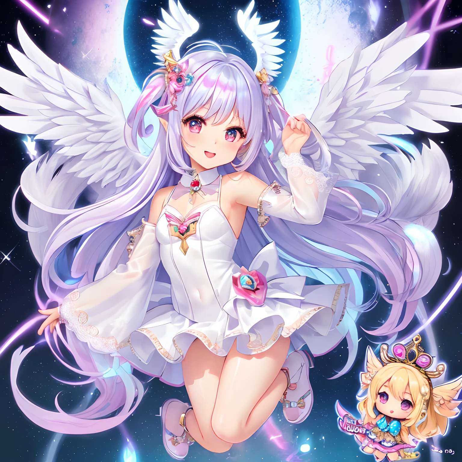 Chibi (1.3), (Masterpiece: 1.4), (Best Quality: 1.4), (Very Cute Angel Girl, Super Detailed Face, Jewel-like Eyes, White Very Long Hair, Colorful Gradient Hair: 1.4), (Angel Ring:
1.4), (Angel Wings: 1.4), (Full body, 2 perfect arms, 2 perfect legs: 1.4), light, shine, mini character,