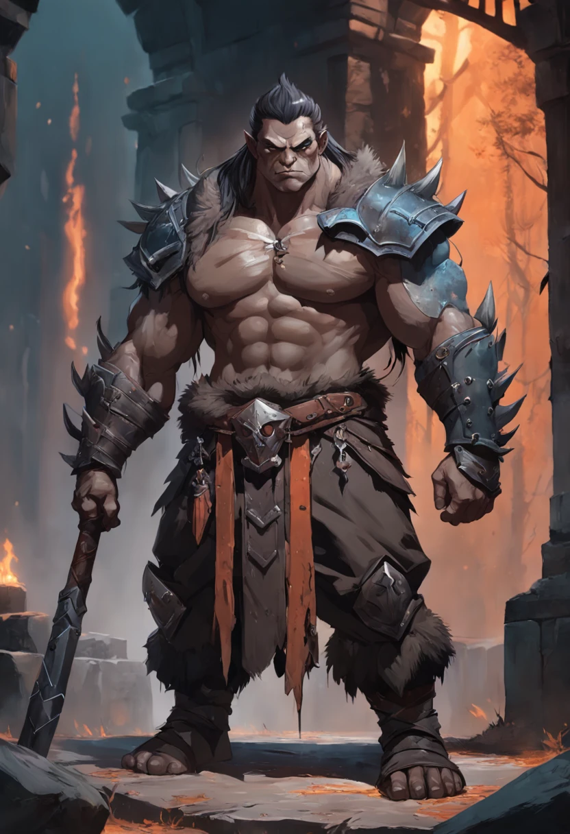 Muscular barbarian, upper body unclothed, legs uncovered from thighs to feet, flowing long curls, detailed muscular physique, lifelike representation, 4K resolution. Background: Wild untamed wilderness with rugged mountains,32k uhd, best quality, masterpiece, super detail, high details