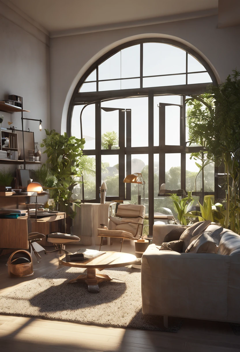 In front of the window there is a table with backrest computer chairs, embellished with greenery, realistic afternoon lighting, realistic soft lighting, volumetric natural light, rendered in V-Ray, daylight made with a blender, rendered in POV-ray, anime. Soft lighting, rendered in 3 DSMAX, detailed natural lighting, atmospheric rendering, soft natural volume lighting, realistic rooms, painted line drawings