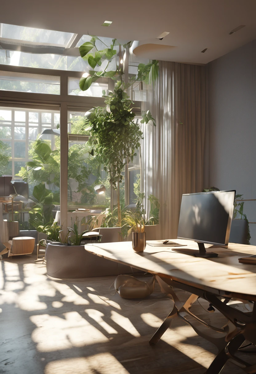 In front of the window there is a table with backrest computer chairs, embellished with greenery, realistic afternoon lighting, realistic soft lighting, volumetric natural light, rendered in V-Ray, daylight made with a blender, rendered in POV-ray, anime. Soft lighting, rendered in 3 DSMAX, detailed natural lighting, atmospheric rendering, soft natural volume lighting, realistic rooms, painted line drawings