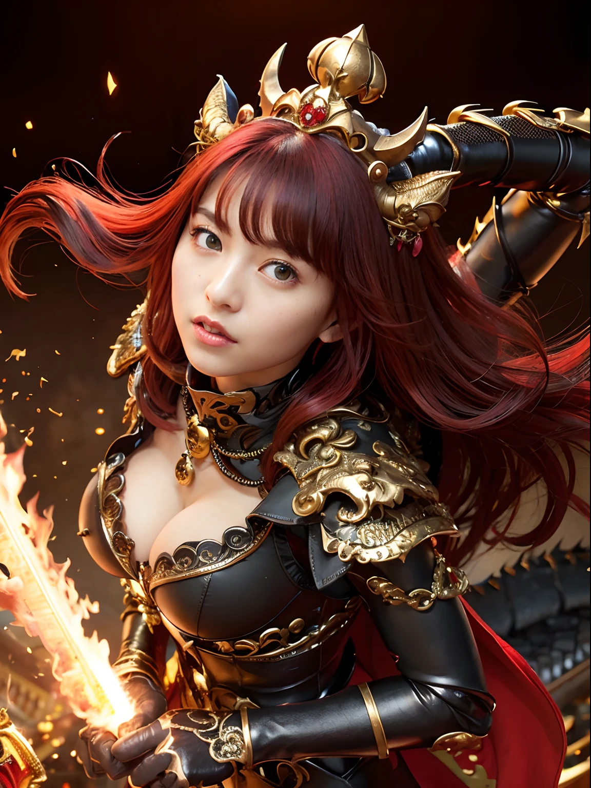 (masutepiece), Professional , ​masterpiece、top-quality、photos realistic , depth of fields （Gemstone Black Metal Body:1.９),(Matte Black、（cleavage of the breast）、Dragon Gold Weapon（Dragon Metal Body:1.４),Gorgeous Silver Weapons ,（（ Dragon's dense and gorgeous sword）） , Beautiful knife   ,warhammer 40k , adepta sororitas,Detail and gorgeous crown、（（Red hair））、（Castle background）、、（（Gangle's forest background））、Beautiful Caucasian beauty、１a person、dynamic ungle,(((Detailed and ornate Black Devil Crown)))、Smaller head、A smile、Castle background、Thin and beautiful female hands、cleavage of the breast、Soldier in iron armor on background、Mystical expression、Light Effects、intense fighting、Wind-effect、magic circles、With the legendary magic wand、（demonic wings）、