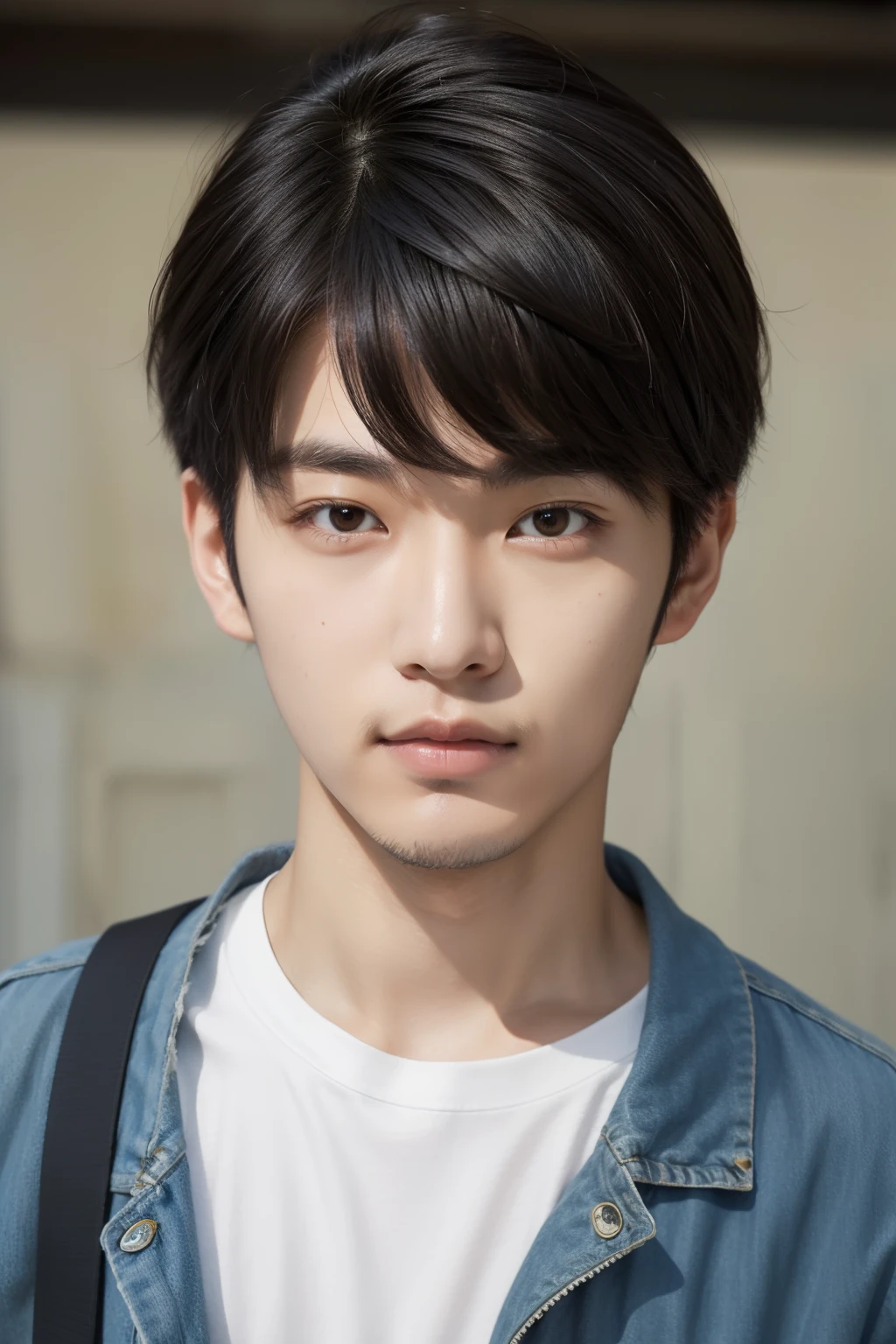 Portrait of 20 year old Japan man with casual hairstyle in street style。 Hair is textured with a messy top、Faded sides。Ideal for spring-summer