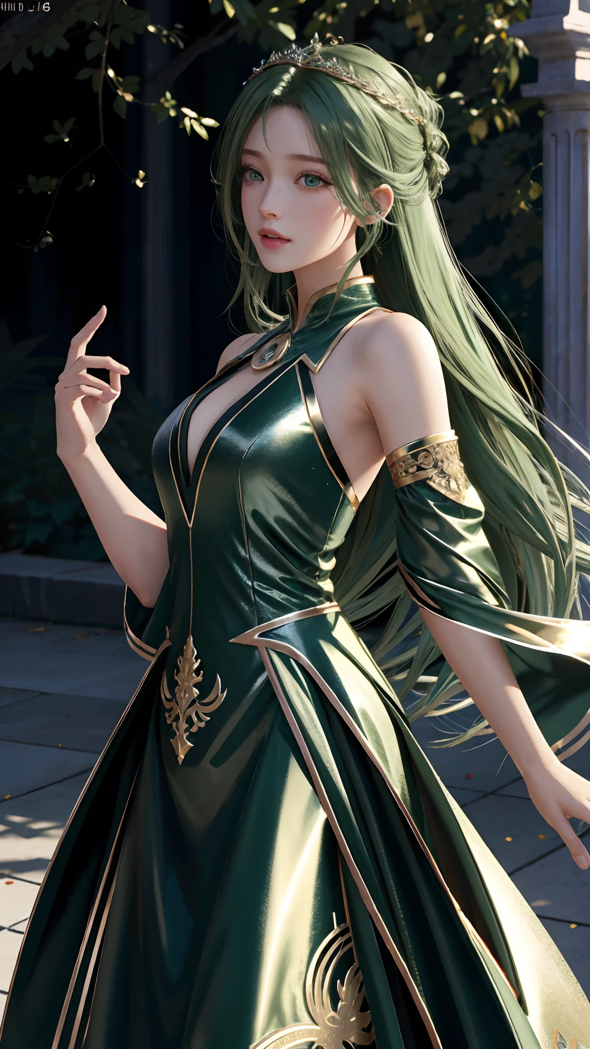 Ultra hd, 8k quality, a girl, happy, very long hair, green blur dress, detailed eyes, attractive pose, unreal engine 5,