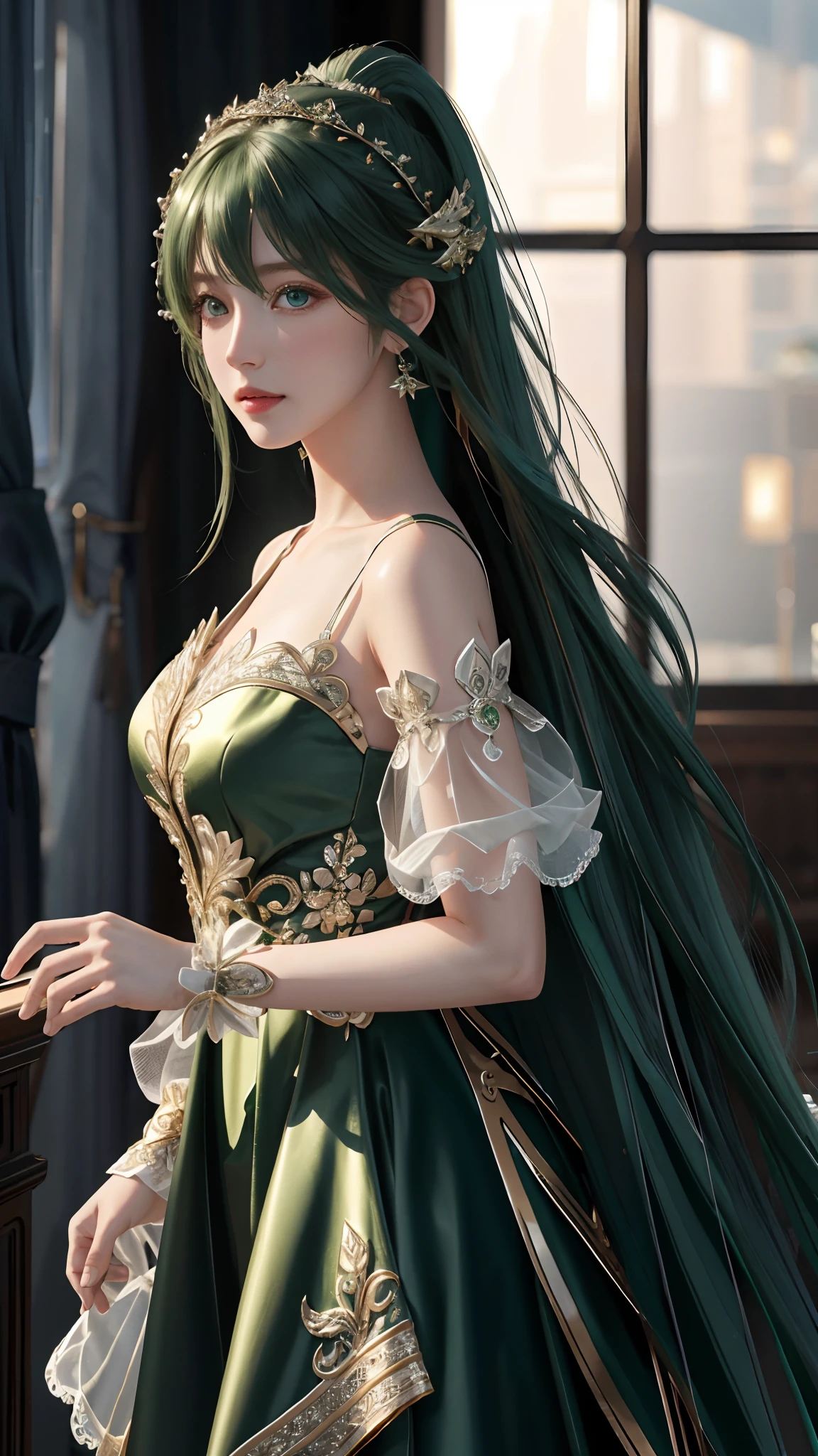 Ultra hd, 8k quality, a girl, happy, very long hair, green blur dress, detailed eyes, attractive pose, unreal engine 5,