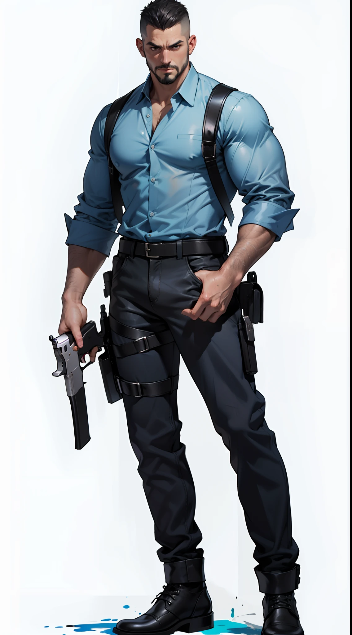 1 man, male focus solo, middle aged man, tall, lean muscle, light blue shirt, black leather shoulder holster, faded black trouser, full body shot, black short hair, facial hair, holding a pistol with two hands, (pistol:1.2), ultra high quality, masterpiece, low camera angle, intense splashed blue and white paint in the blackground