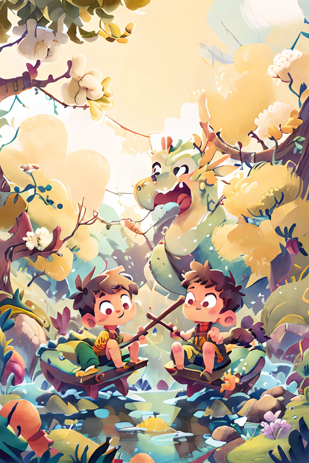 Poster design, (SFW), two rowing boys, Chinese dragon, spring outing, happy, background is a small river interspersed in Chinese street, perfect quality, clear focus, colorful, perfect face, intricate details, ultra-low viewing angle, wide angle lens