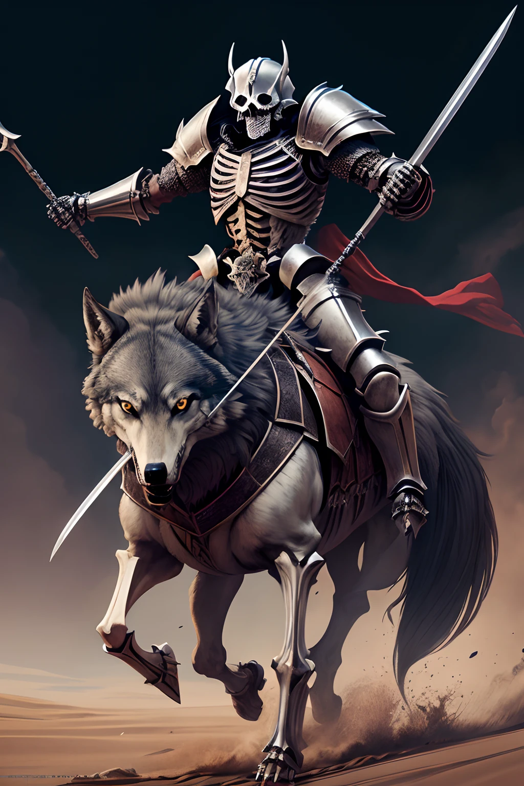 Skeleton monsters in armor, armed with spears, riding Russian wolves