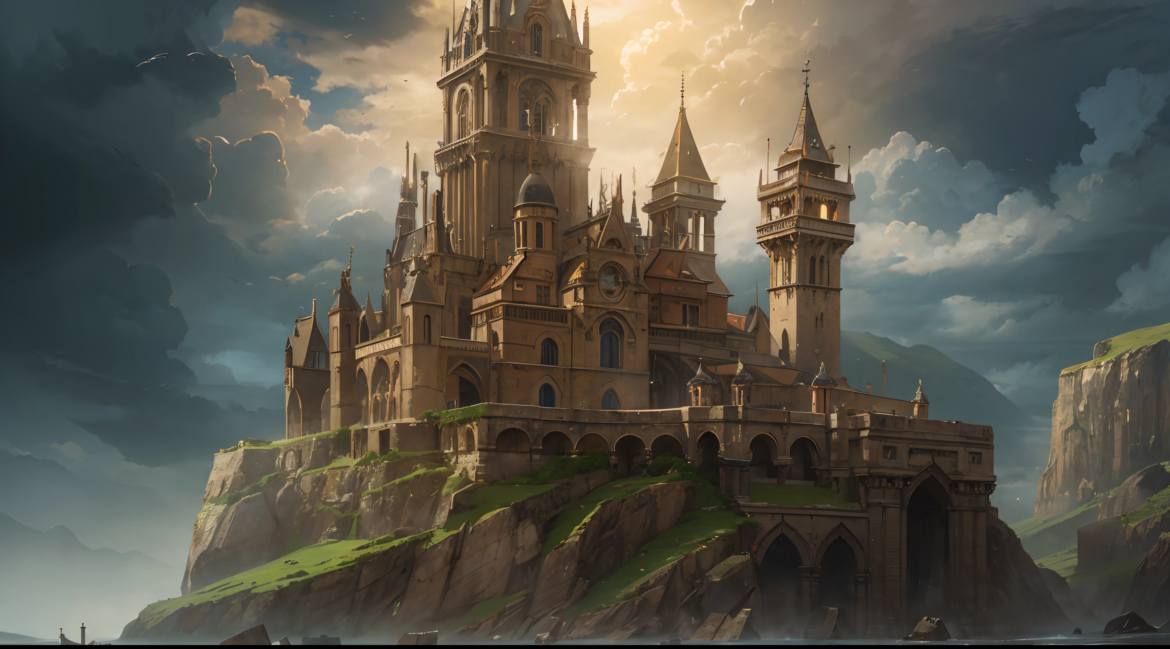 "(by Greg Rutkowski: 1.2), (masterpiece), (best quality), extremely delicate and beautiful, illustration, (fantasy landscape), depth of field, HDR, intricate, delicate, (No human presence), photorealistic depiction, live action feel, creating a visual masterpiece with the best possible quality. Highlighting the fantastic elements of baroque architecture in a medieval city, focusing on a tower in ruins, emphasizing the effects of collapse and severe weathering. Providing a distant view that captures the grandeur and atmosphere."