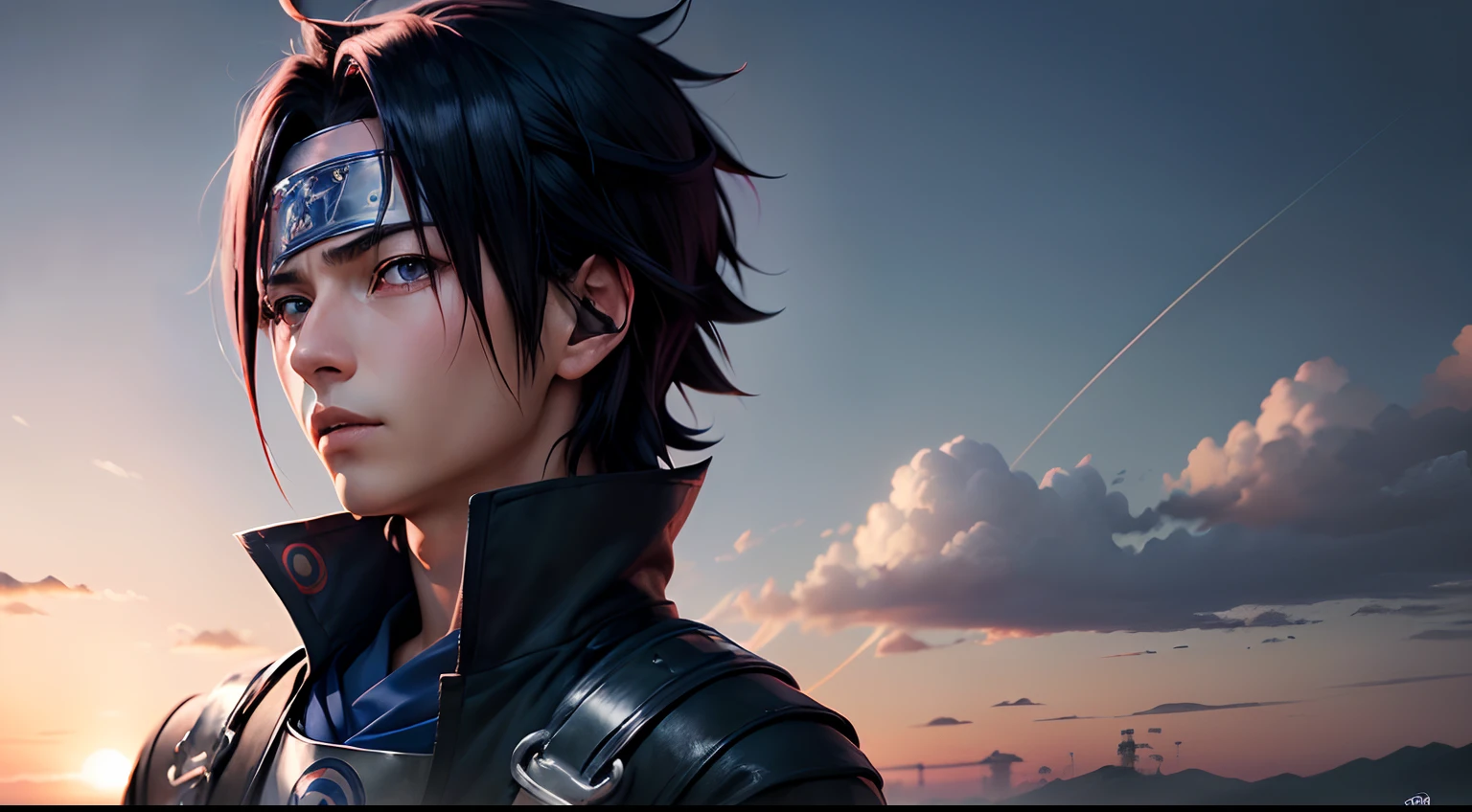 Haz un banner de sasuke uchiha solo mirando al cielo 4k anime con un sharingang en el ojo derecho