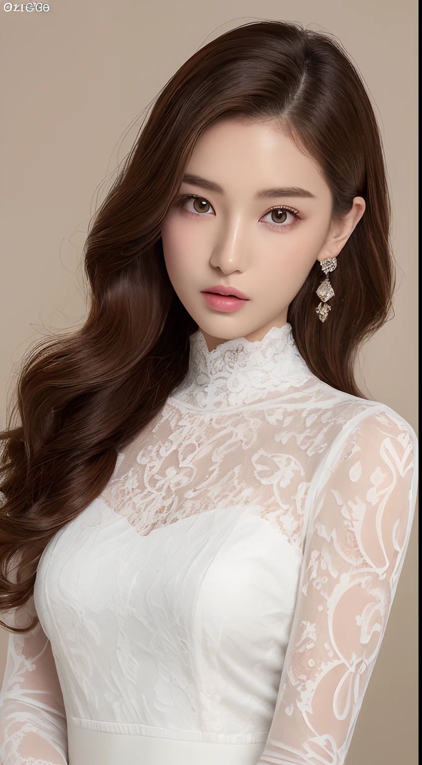 ((top-quality、8K、​masterpiece:1.3))An ultra-high picture quality、realskin、Marble background、FULL BODYSHOT、女の子1人、Beautiful woman with slender abs:1.3、(light brown long curly hair、爆乳:1.2)、sexy facial expression、big eye、Long Sleeve White Lace High Neck Shirt:1.1、hyperdetailed face、ultradetailed eyes、super-detaild skin、Ultra detailed hands、Ultra-detailed fingertips on the face、Super detail beautiful legs、Super detailed beautiful hair、Ultra-detailed cloth、Double eyelid hands、Korean Beauties、White lace skirt、piercings、beautiful and long legs、high-heels、Standing like a model、Walking