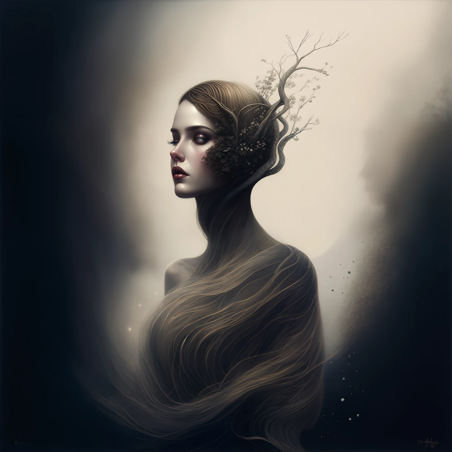 Arafed Mujer con cabello largo y un tocado en una foto en blanco y negro, Yuri Shwedoff y Tom Bagshaw, inspirado por Darek Zabrocki, Hermoso retrato surrealista, Anna Dittman, inspirado por Maciej Kuciara, Natalie Shau Tom Bagshaw, Inspirado por Maxim Verehin, Estilo Tom Bagshaw, Retrato de Tom Bagshaw