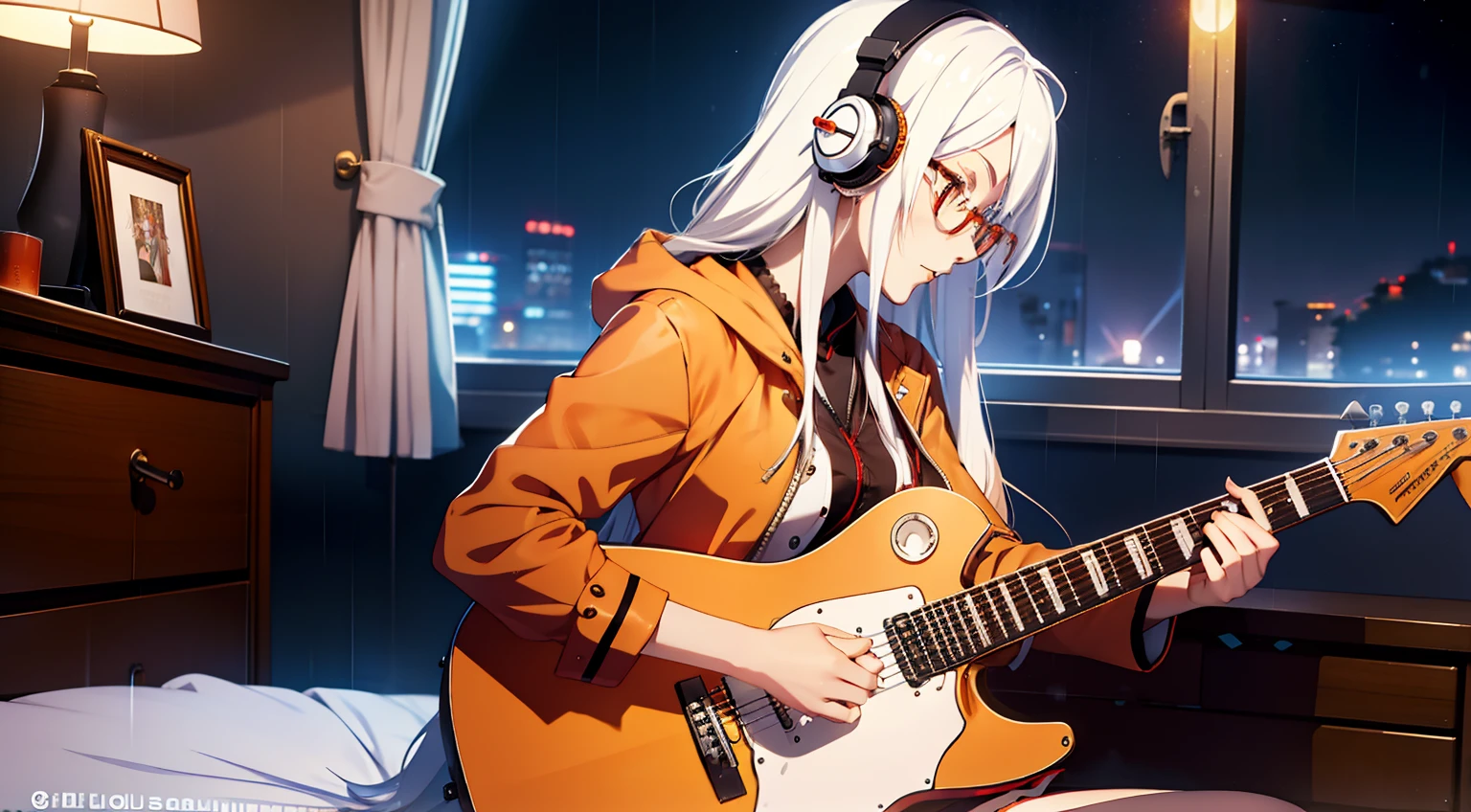 anime girl, glasses, white hair, orange eyes, electric guitar, sitting, jacket, bedroom, headphone, red guitar, side view, long hair, night, candle, rain, details