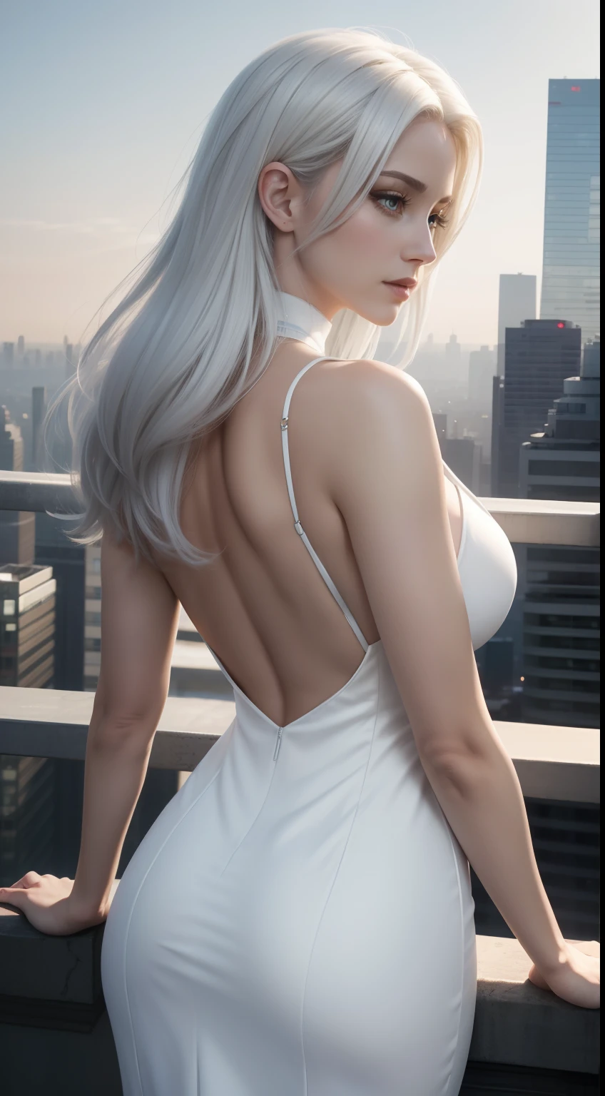 Masterpiece, Best quality, (Photorealistic:1.4), full bodyesbian, (dress:1.1), view over city, Cinematic light, Beautiful woman, ((From behind)), Skinny, Large breasts, White hair, rim, Detailed face,