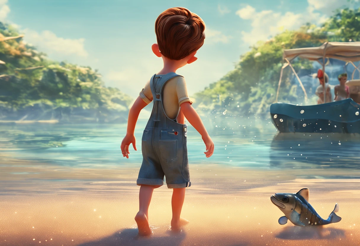 movie picture quality，style of disney animation，A  swims in the sea with a koi in his arms，short detailed hair，Denim suspenders，The barefoot，depth of fields，high light，Real light，Ray traching，oc rendered，Hyper-realistic，best qualtiy，8K，Works of masters，super-fine，Detailed pubic hair，Correct anatomy，sharp focus on eyes，Bokeh，Facial features are carefully depicted