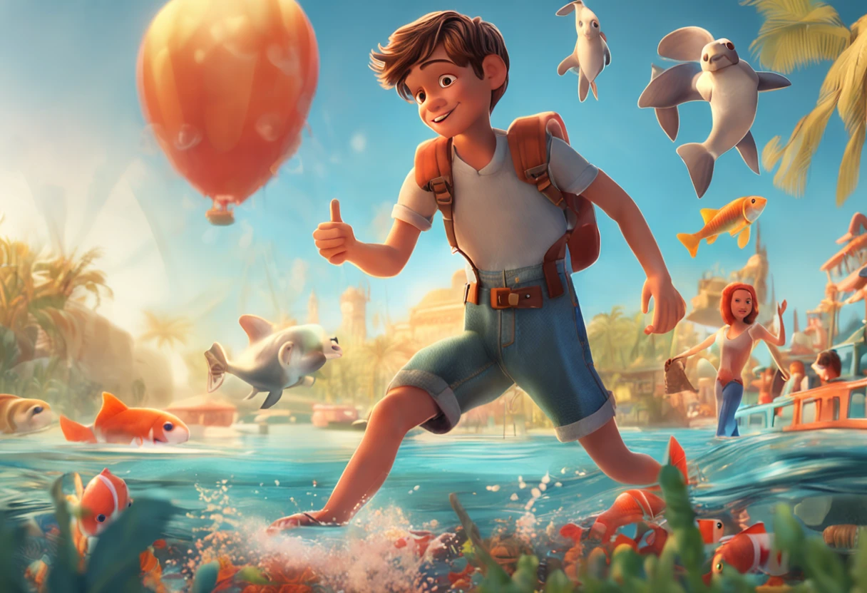 movie picture quality，style of disney animation，A  swims in the sea with a koi in his arms，short detailed hair，Denim suspenders，The barefoot，depth of fields，high light，Real light，Ray traching，oc rendered，Hyper-realistic，best qualtiy，8K，Works of masters，super-fine，Detailed pubic hair，Correct anatomy，sharp focus on eyes，Bokeh，Facial features are carefully depicted