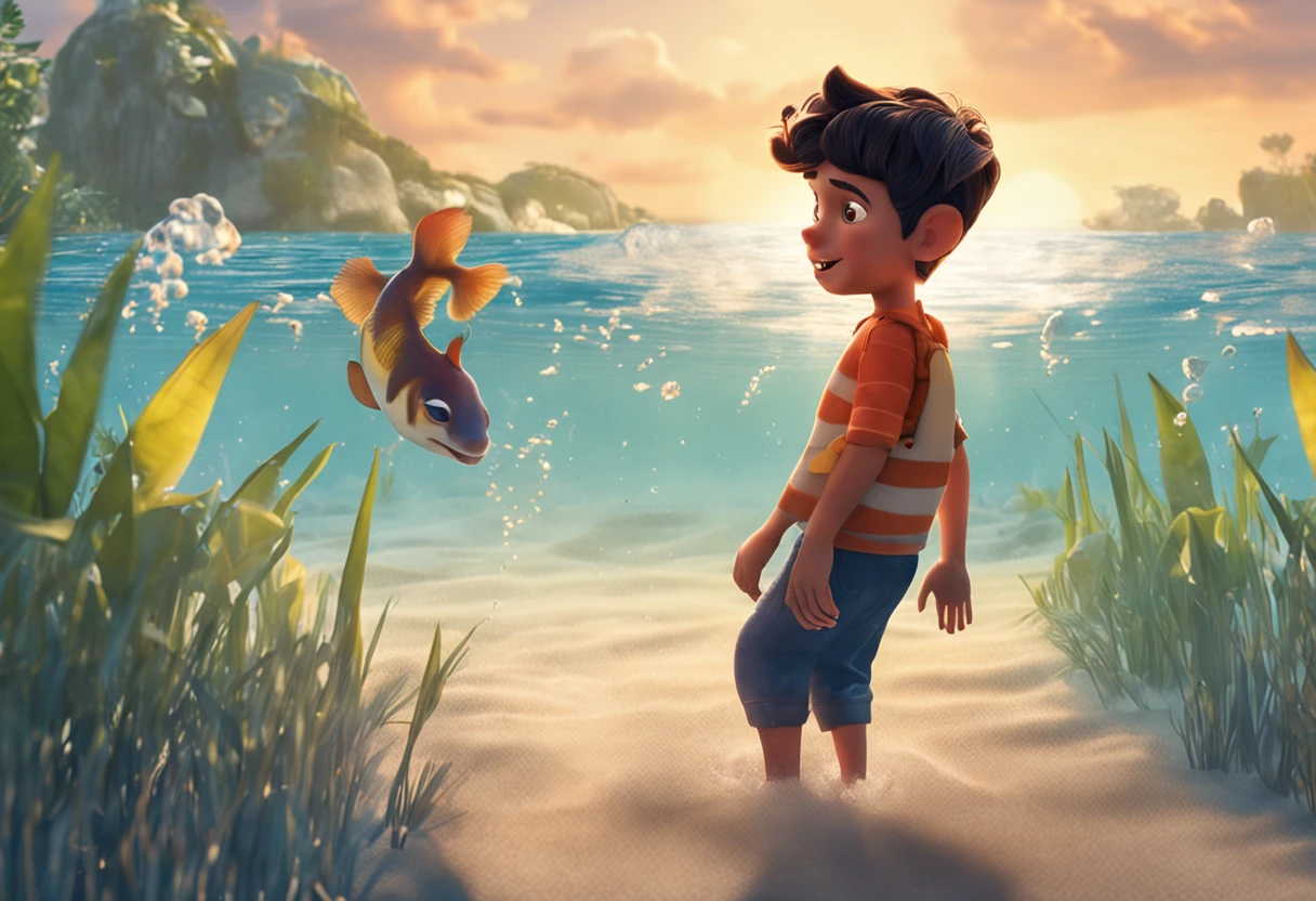 movie picture quality,style of disney animation,A swims in the sea with a koi in his arms,short detailed hair,Denim suspenders,The barefoot,depth of fields,high light,Real light,Ray traching,oc rendered,Hyper-realistic,best qualtiy,8K,Works of masters,super-fine,Detailed pubic hair,Correct anatomy,sharp focus on eyes,Bokeh,Facial features are carefully depicted