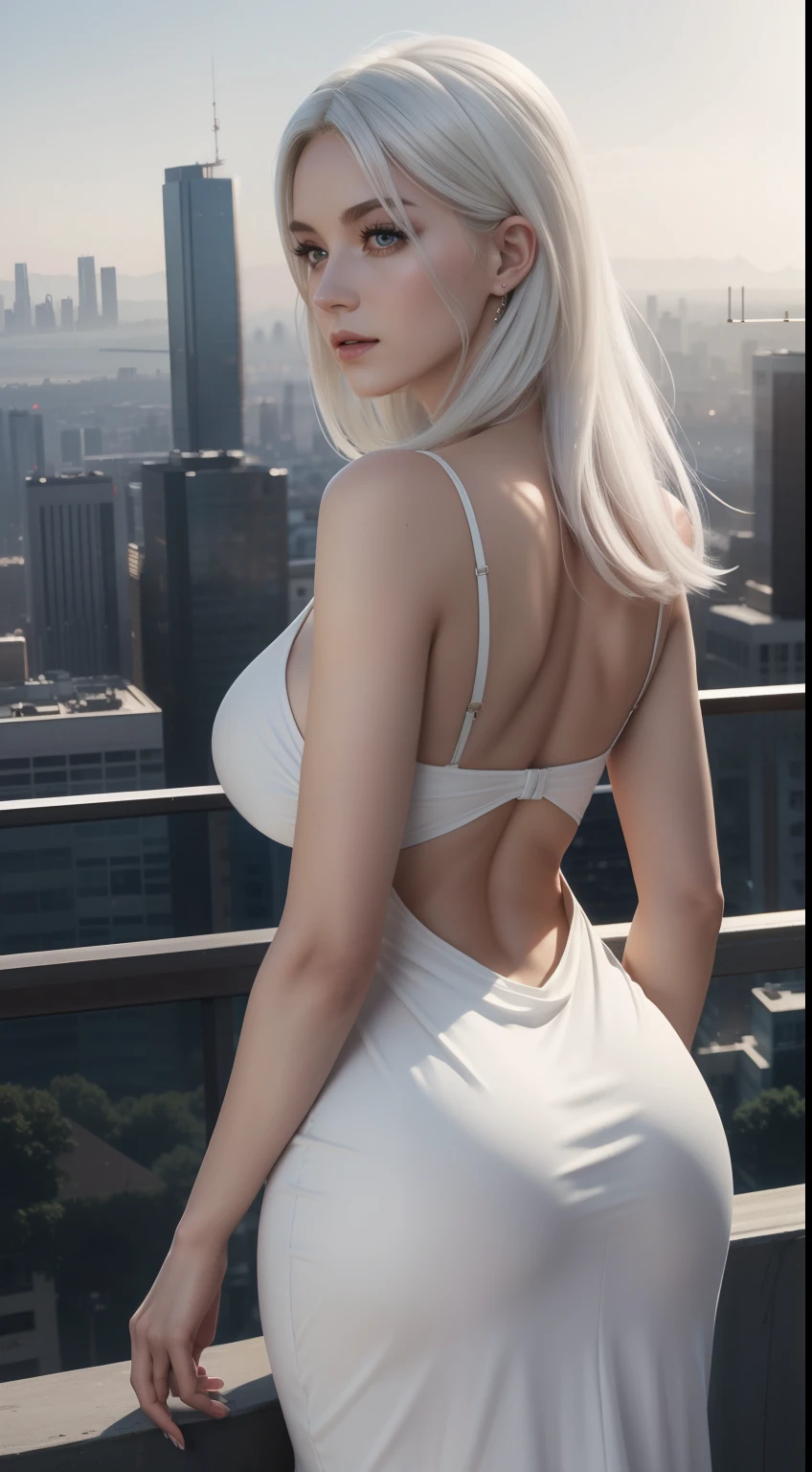 Masterpiece, Best quality, (Photorealistic:1.4), full bodyesbian, (dress:1.1), view over city, Cinematic light, Beautiful woman, ((From behind)), Skinny, Large breasts, White hair, rim, Detailed face,