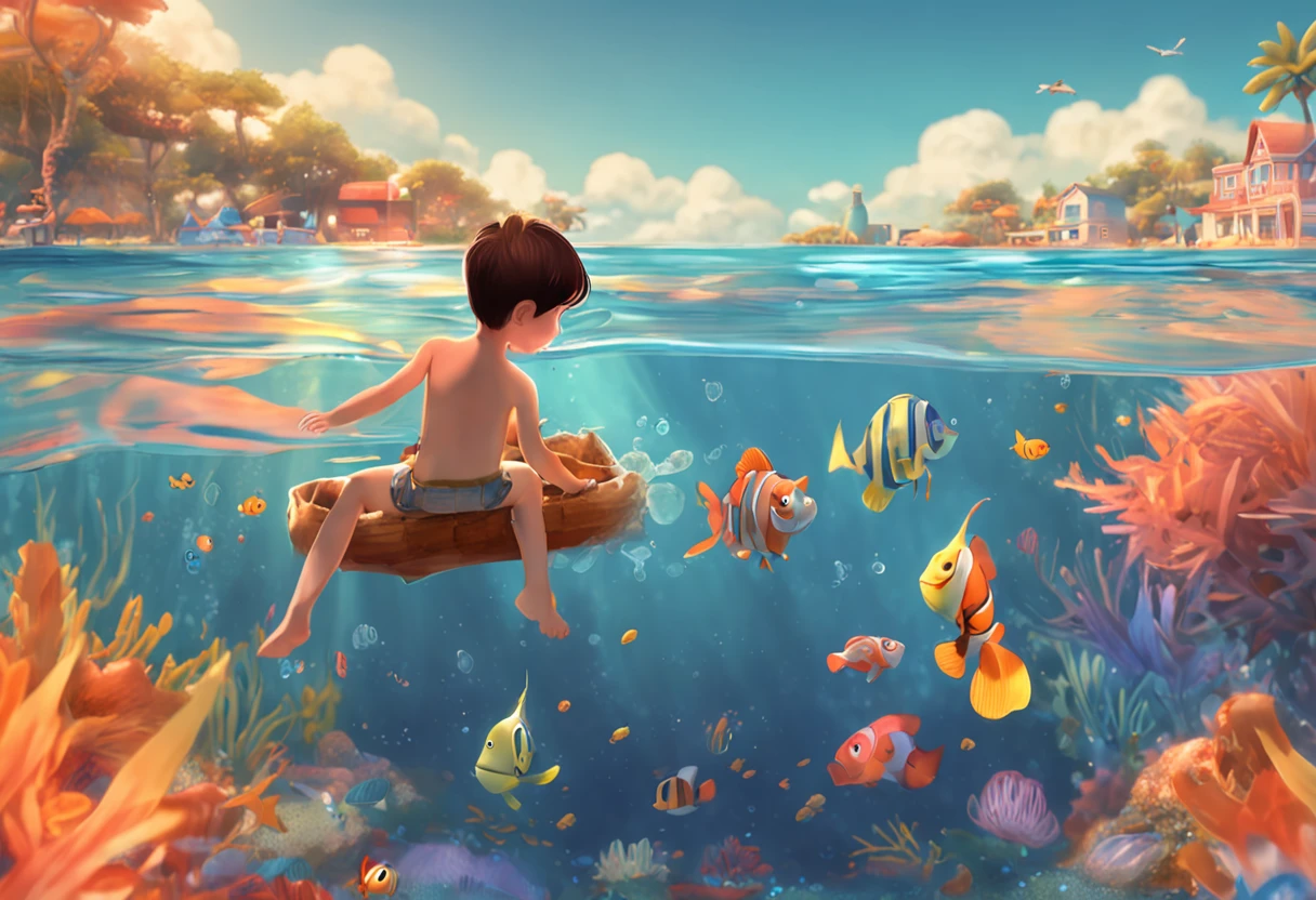movie picture quality,style of disney animation,A little boy swims in the sea with a koi in his arms,short detailed hair,Denim suspenders,The barefoot,depth of fields,high light,Real light,Ray traching,oc rendered,Hyper-realistic,best qualtiy,8K,Works of masters,super-fine,Detailed pubic hair,Correct anatomy,sharp focus on eyes,Bokeh,Facial features are carefully depicted