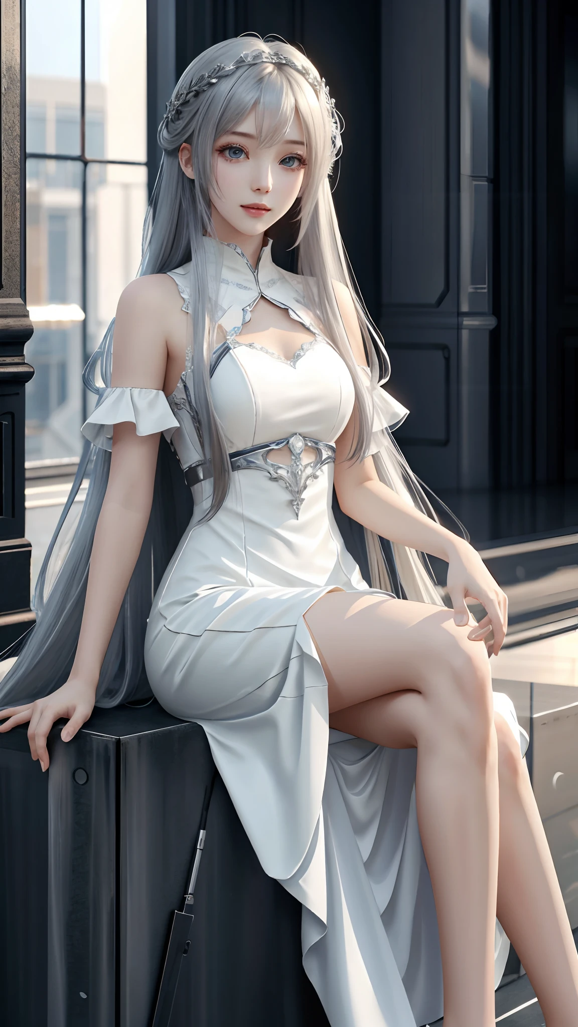 ((masterpiece,highest quality,Highly detailed images,Beautiful images,photo realistic、dutch angle))1.4(solo,1girl)(cute girl、Beautiful Skin、White skin、Light Hair、White long hair、Delicate shoulders)(Lolita Costume、Black tie、Black Skirt、White shirt、Black collar、Black hat)(floating hair、Model-like pose)(fantasy palace)
