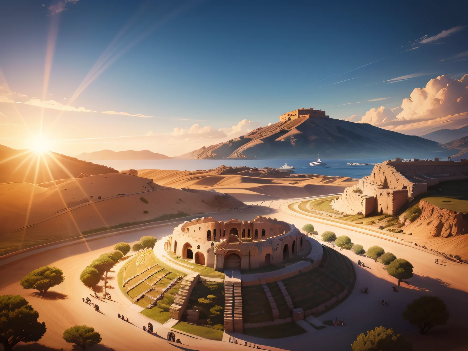360 BC,Ancient Greek military camp,Mediterranean landforms of ancient Europe,position,The flag,Close-up,and the sun was shining brightly,Vector illustration,Professional illustration,Shinkai sincerely,电影灯光,Photography effects,pov