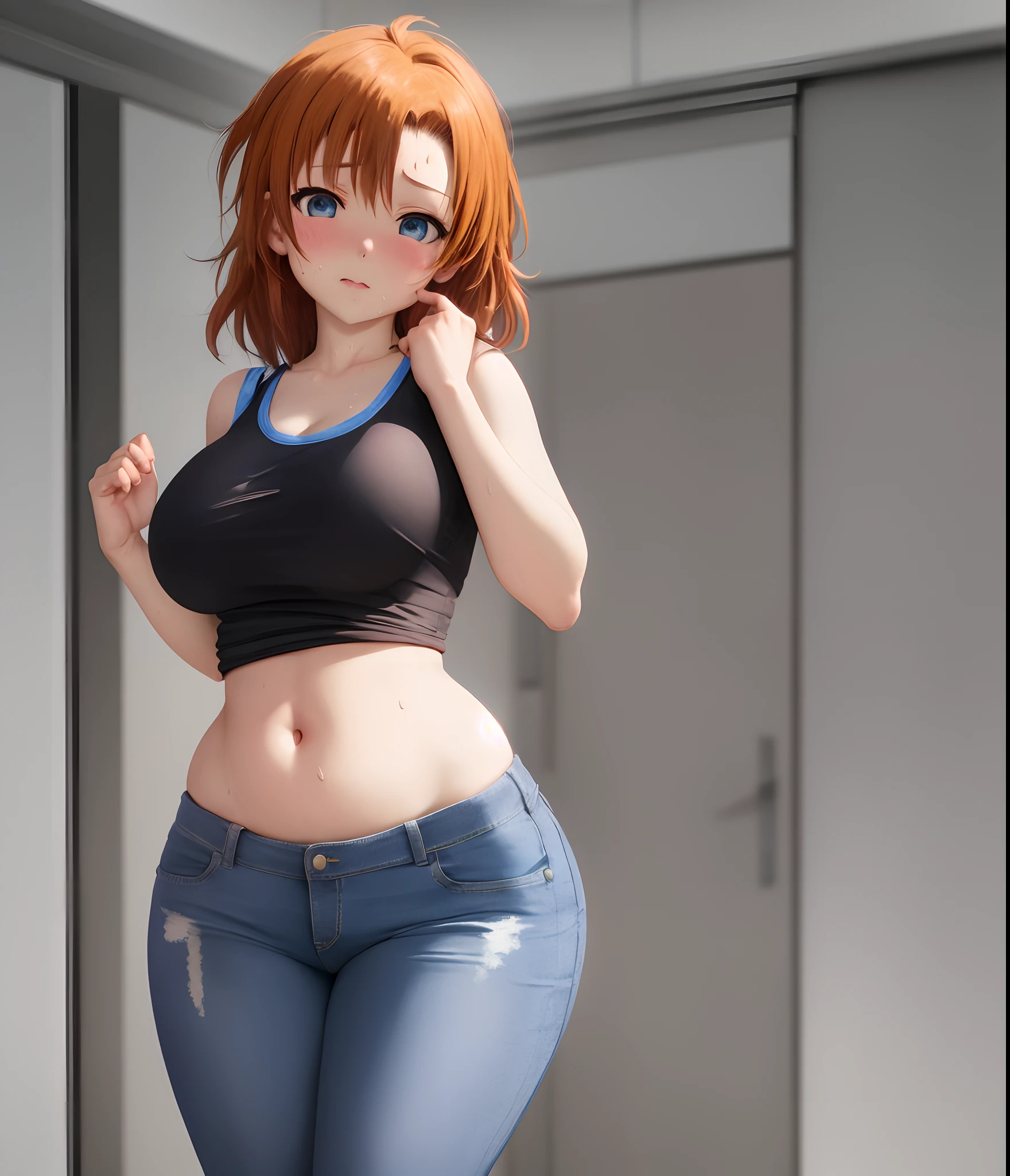 Kousaka honoka, blue eyes, short denim short, football tank top,(midriff:0.7), looking at viewer,(big breasts:0.8), solo, standing, (pov from below:0.768), sweating, solo,(cowboy shot) , thicc thighs,thicc stomach, curvy body, llchar, hentai style