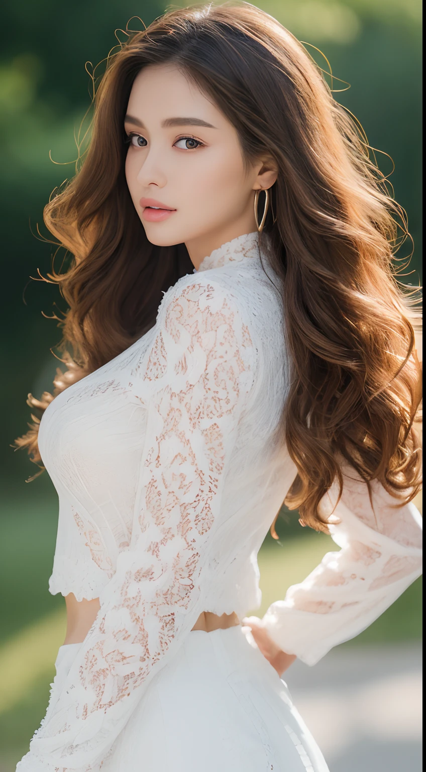 ((top-quality、8K、masterpiece:1.3))An ultra-high picture quality、realskin、Marble background、FULL BODYSHOT、1人、Beautiful woman with slender abs:1.3、(light brown long curly hair、爆乳:1.2)、sexy facial expression、big eye、Long Sleeve White Lace High Neck Shirt:1.1、hyperdetailed face、ultradetailed eyes、super-detaild skin、Ultra detailed hands、Ultra-detailed fingertips on the face、Super detail beautiful legs、Super detailed beautiful hair、Ultra-detailed cloth、Double eyelid hands、Korean Beauties、White lace skirt、piercings、beautiful and long legs、high-heels、Standing like a model、Walking