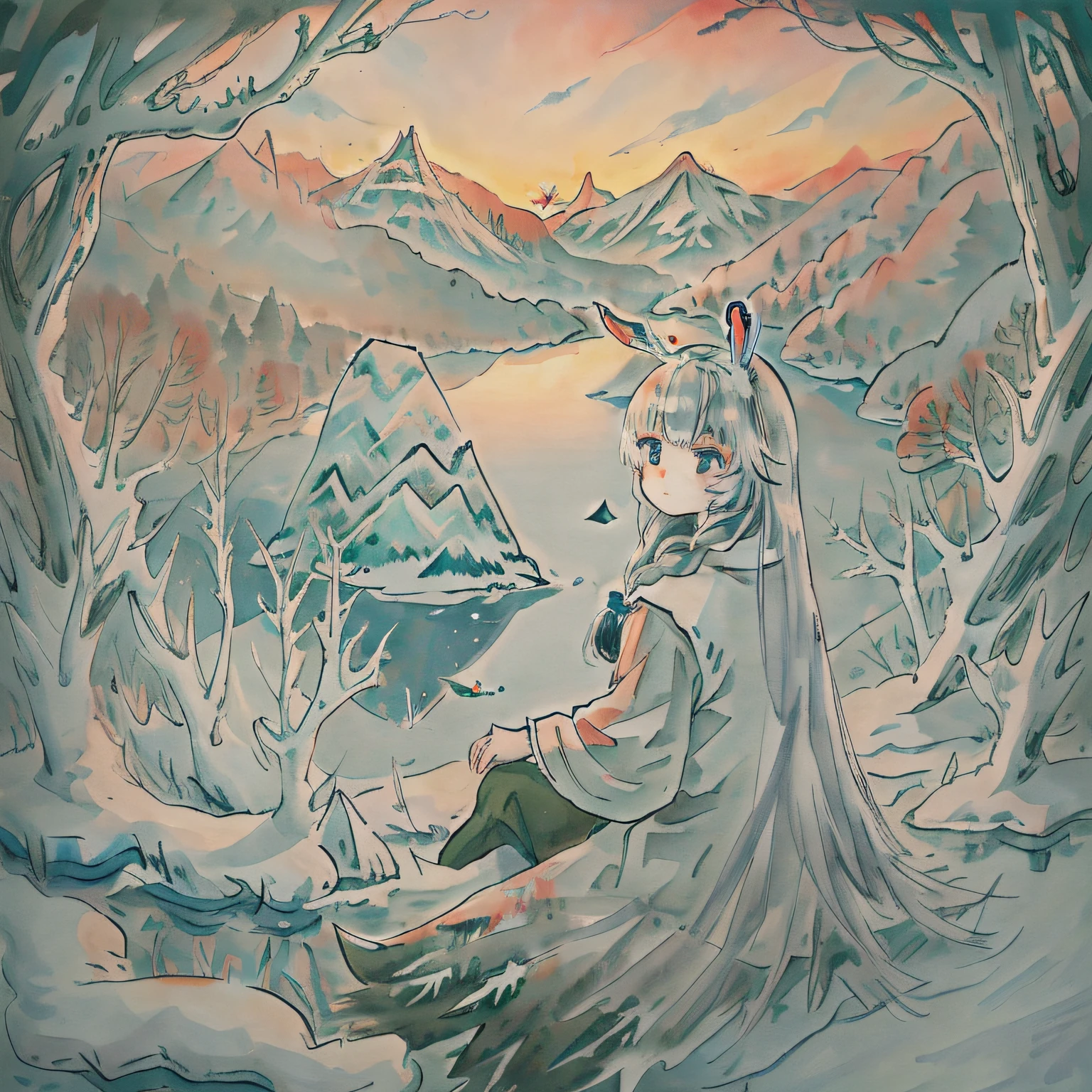 original, (masterpiece), (illustration:1.1), (detailed and beautiful), (perfect details), (unity CG 8K wallpaper:1.05), (beautiful and clear background:1.25), (depth of field:0.75), (1 (cute young girl:0.9) with long silver hair, ((snowflake:0.4) head ornament on hair:1.1) and (rabbit ears:1.1) stands aside the (frozen lake with (forest and mountain:1.1):1.35) under the (sunset:1.2) in the (winter:0.65):1.1). (detailed beautiful eyes:1.2), (beautiful face:1.2), (hair blowing with the wind:1.05), (blue eye:1.1), solo, (snow:0.4), aurora, stars.