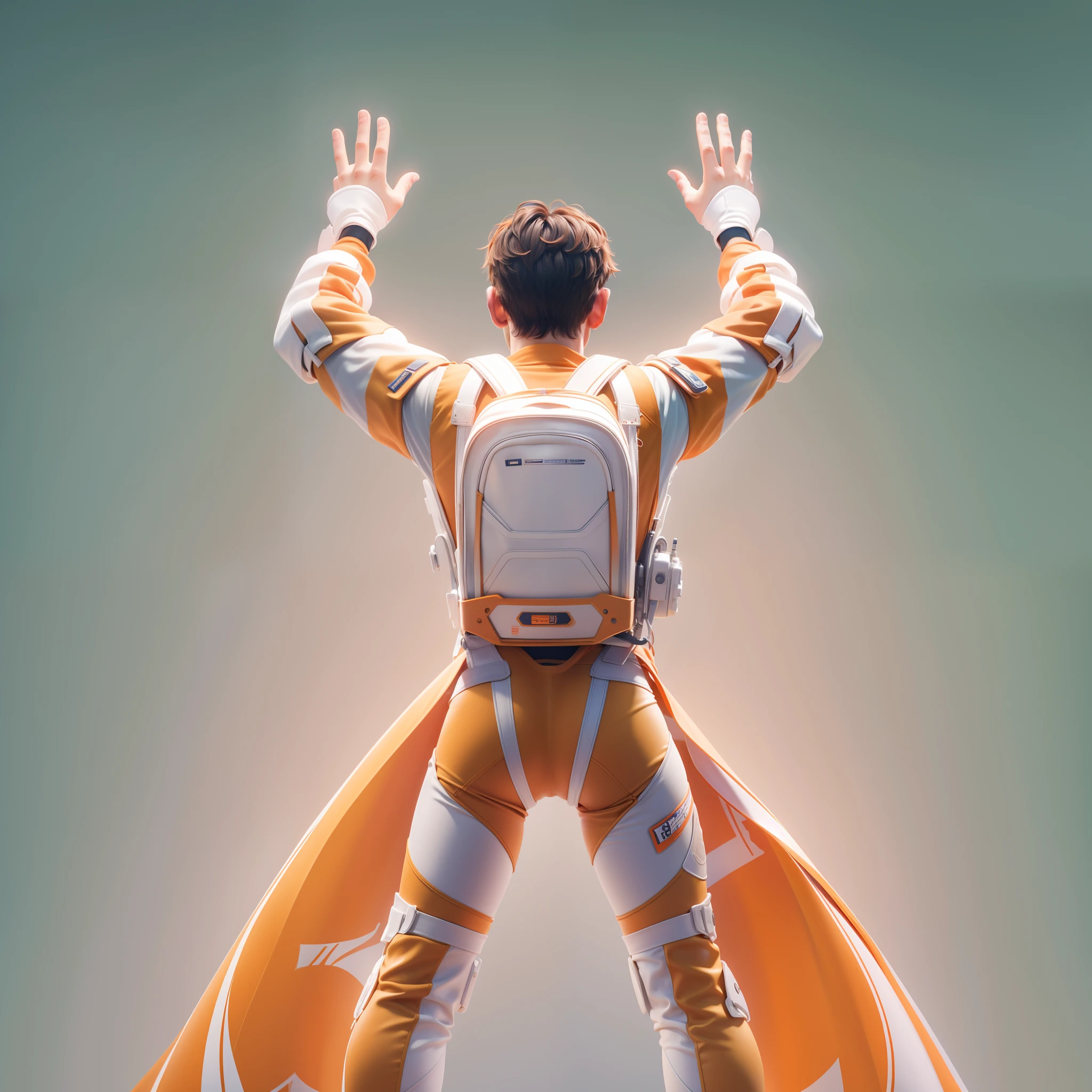 Close-up of man's back,Raise your hands and cheer,Wear orange and white,sense of science and technology,Inspired by Disney,high qulity,8K,Empty background