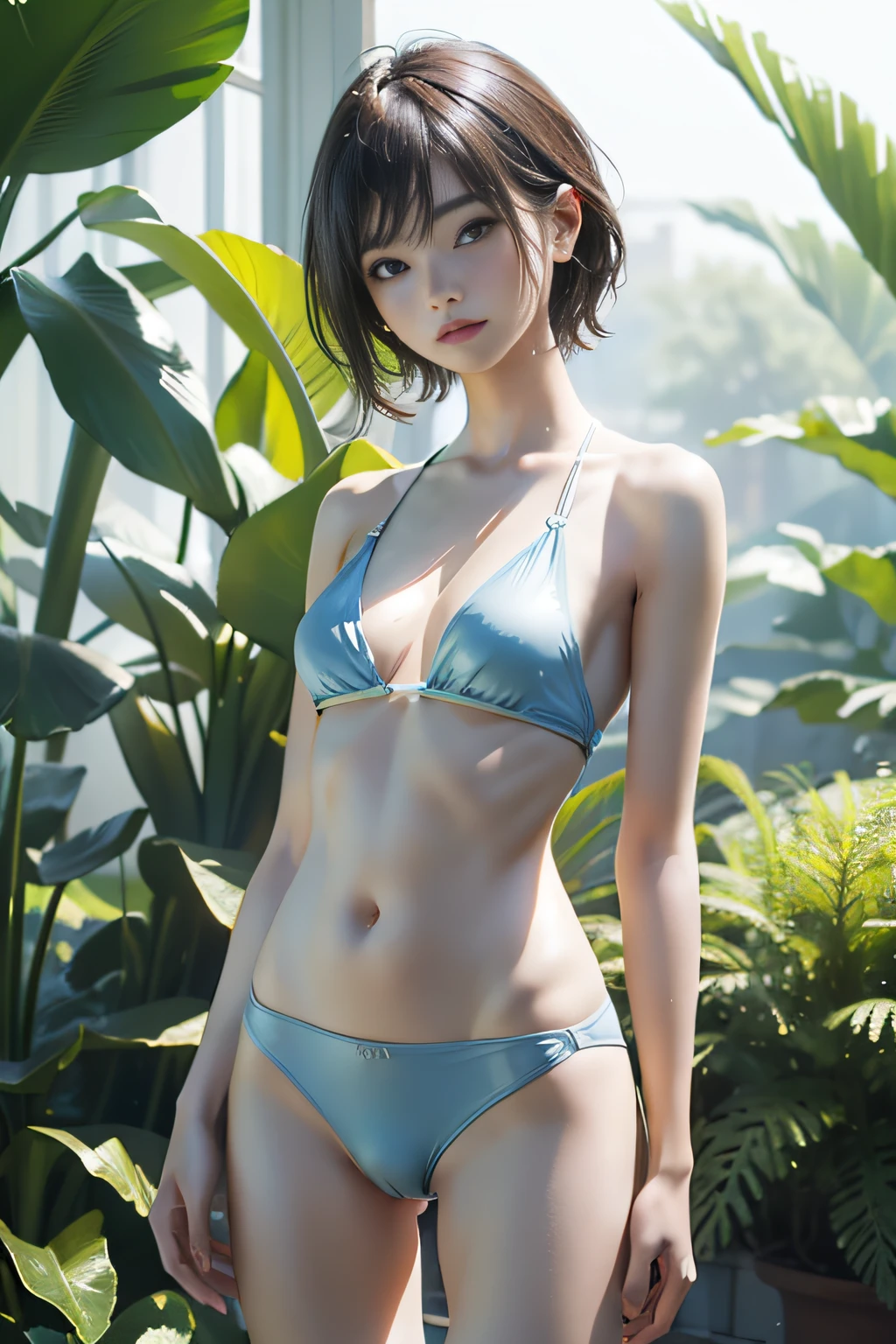 (Best quality,masterpiece:1.21),photorealistic,extremely detailed CG unity 8k wallpaper, Official Art, (finely best quality:1.4), a cute slender Girl wearing stylish Summer fashion super small bikini, (very thin bikini),(Fair and shiny smooth skin),(real clear and delicate skin texture),(simple background),(Moist clothes:1.5),(abs),(cameltoe)