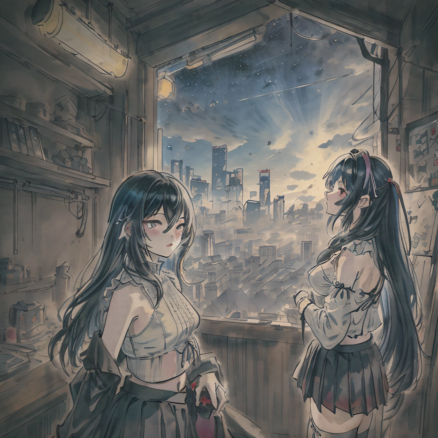 (best quality),masterpiece, (best illuminate, best shadow),(best illustration), dynamic angle, (chibi:1.15), thick outline,//The starting style is emphasized with chibi style
(1girl:1.2), detailed eyes, white hair, detailed face, crop top, frilled sleeves, pleated skirt, fishnet thighhighs, cowboy shot,Volumetric Lighting,(outline),//Detailed description of characters
(messy cyberpunk room:1.1),window,//Interior scene description Flat style to increase depth of field
colourful, neon trim, cyberpunk city, High saturation, clouds and stars sky, Galaxy,((citylight))//Optional items Example illustration not added Description of the scenery outside the window and stylistic emphasis to increase depth of field