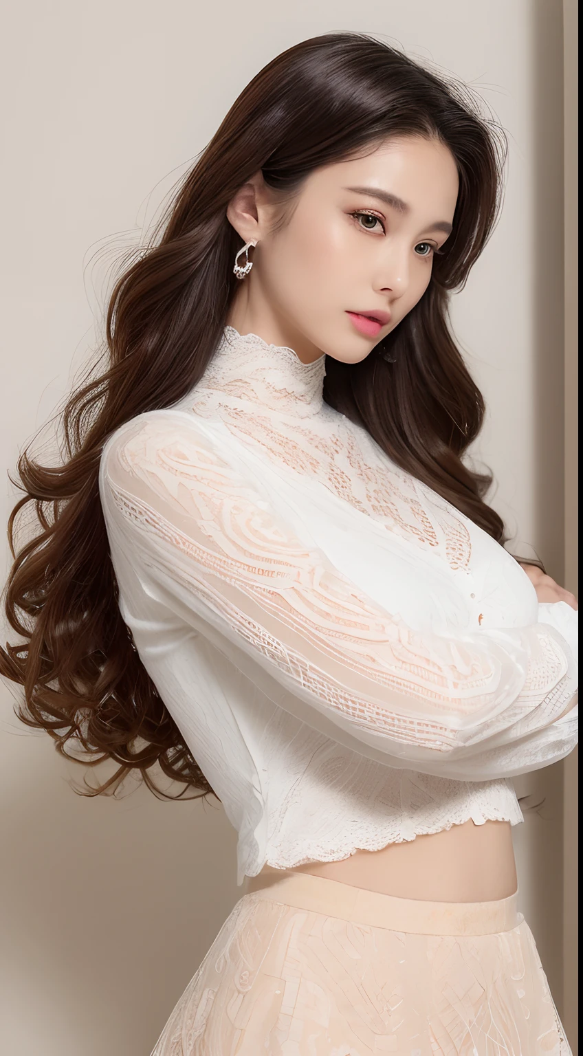 ((top-quality、8K、​masterpiece:1.3))An ultra-high picture quality、realskin、Marble background、FULL BODYSHOT、1人、Beautiful woman with slender abs:1.3、(light brown long curly hair、爆乳:1.2)、sexy facial expression、big eye、Long Sleeve White Lace High Neck Shirt:1.1、hyperdetailed face、ultradetailed eyes、super-detaild skin、Ultra detailed hands、Ultra-detailed fingertips on the face、Super detail beautiful legs、Super detailed beautiful hair、Ultra-detailed cloth、Double eyelid hands、Korean Beauties、White lace skirt、piercings、beautiful and long legs、high-heels、Standing like a model、Walking