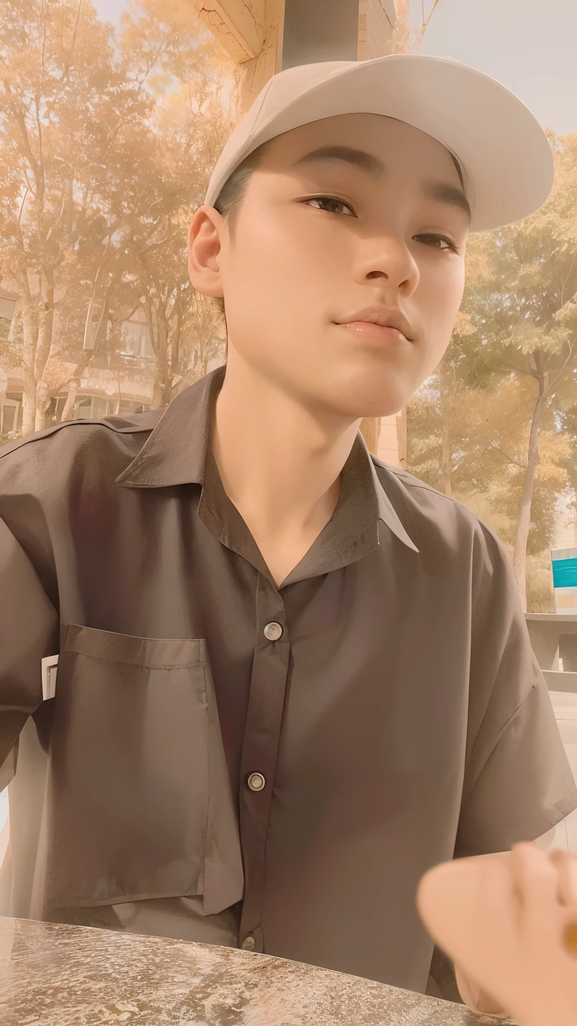 there is a man sitting at a table with a doughnut in his hand, wearing a black shirt, androgynous person, with instagram filters, dang my linh, androgynous, very very low quality picture, black shirt, around 1 9 , androgynous male, low quality photograph, in style of lam manh, nivanh chanthara