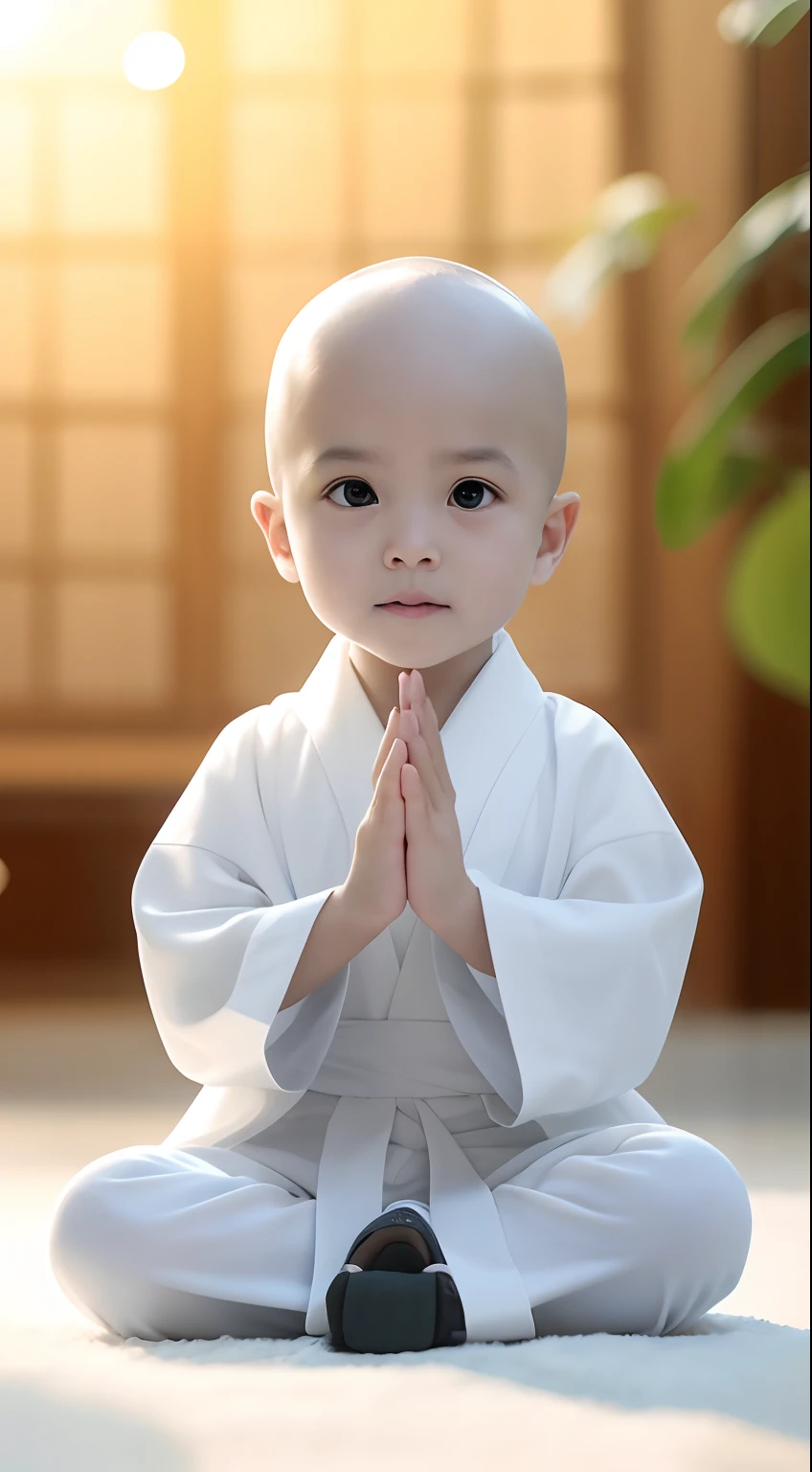 There was a little bald monk sitting on the floor,had his hands folded, boy wearing nun outfit, kiddy big breasts, Serene expression, prayer meditation, wearing long white togas, Children, wearing white robes with, praying pose, dressed in simple robes, peaceful expression, Wearing a white robe, young child,cence, portrait shooting, blessing hand, Buddhist, DOA, dressed in simple robes