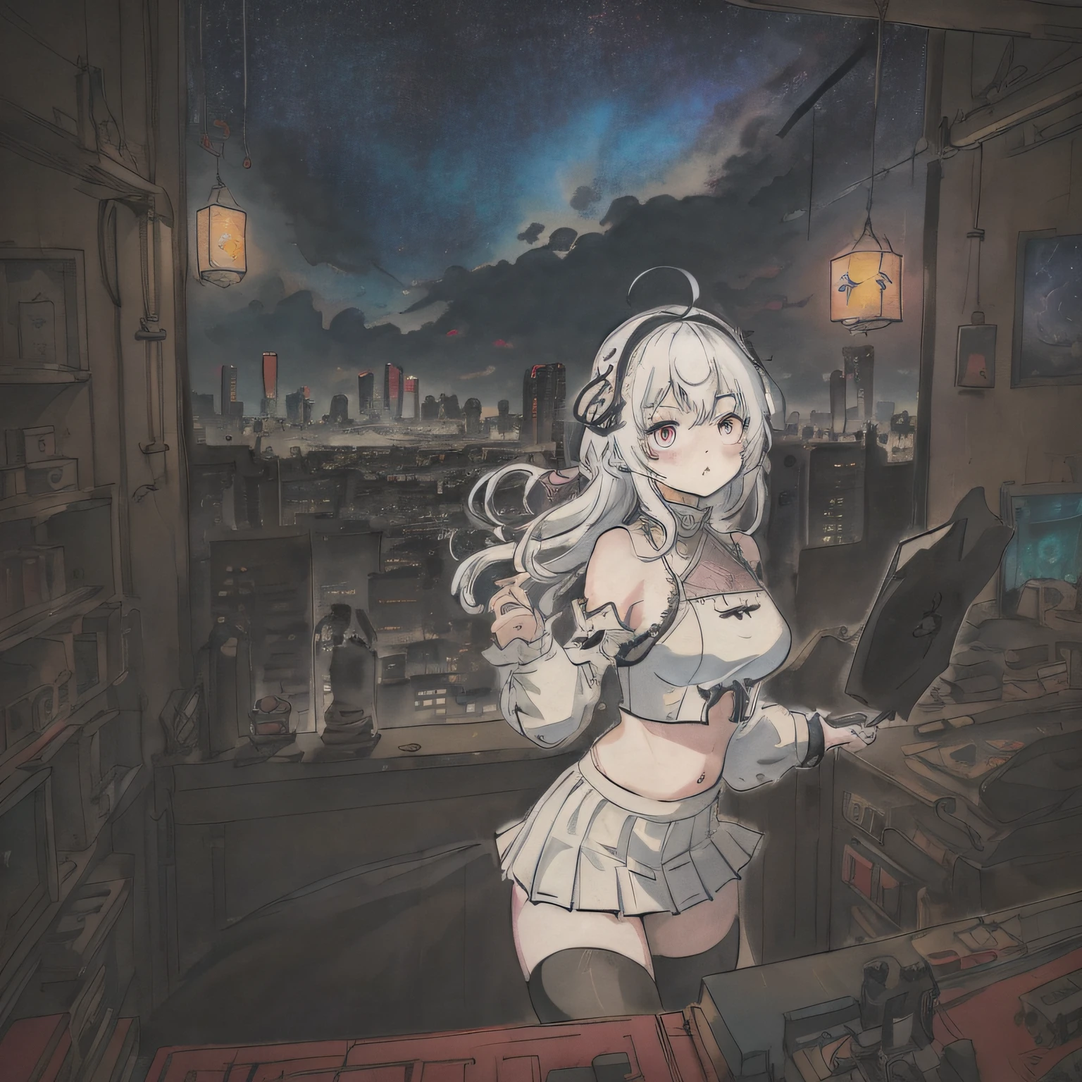(best quality),masterpiece, (best illuminate, best shadow),(best illustration), dynamic angle, (chibi:1.15), thick outline,//The starting style is emphasized with chibi style
(1girl:1.2), detailed eyes, white hair, detailed face, crop top, frilled sleeves, pleated skirt, fishnet thighhighs, cowboy shot,Volumetric Lighting,(outline),//Detailed description of characters
(messy cyberpunk room:1.1),window,//Interior scene description Flat style to increase depth of field
colourful, neon trim, cyberpunk city, High saturation, clouds and stars sky, Galaxy,((citylight))//Optional items Example illustration not added Description of the scenery outside the window and stylistic emphasis to increase depth of field