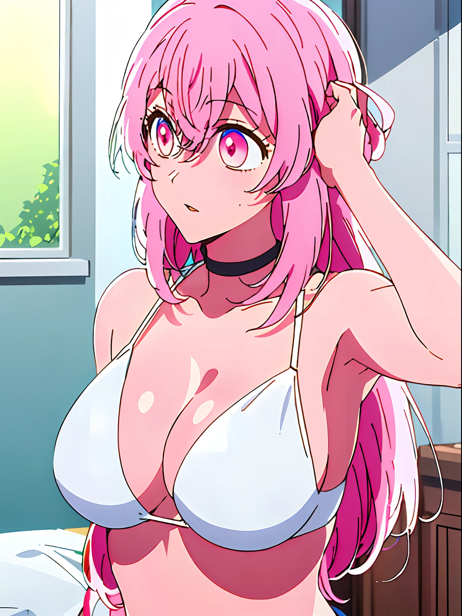 minamikotobuki\(oshinoko\), 1girl (masterpiece) (best quality)(shiny hair)(shiny skin)(shiny skin), 1 girl, solo, short hair, boob curtain, under boobs, upper body, bikini, presenting armpit, bare shoulder, collar bone, mole, arm up