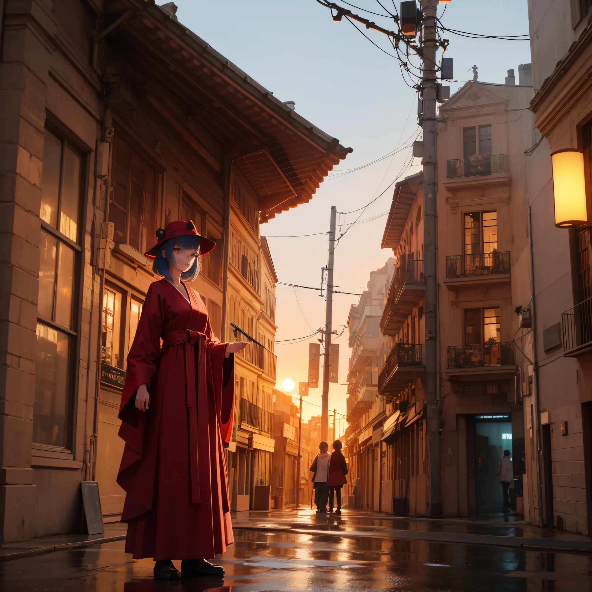 Human posture, Devilish detail face, Orange and red gradient mechanical gorgeous body, Gorgeous long skirt armor, Perfect publicity, full bodyesbian, Red and blue light, Stand in the ancient city of Barcelona, Rainy sky, inner glow ,Victor Art, highly details, 3D rendering of, A cinematic scene, Daylight, Musashibe Benkei.Cat lady,hallucinating,Standard robes,bucket-hat,cat ear,nature backdrop,Natural scenery