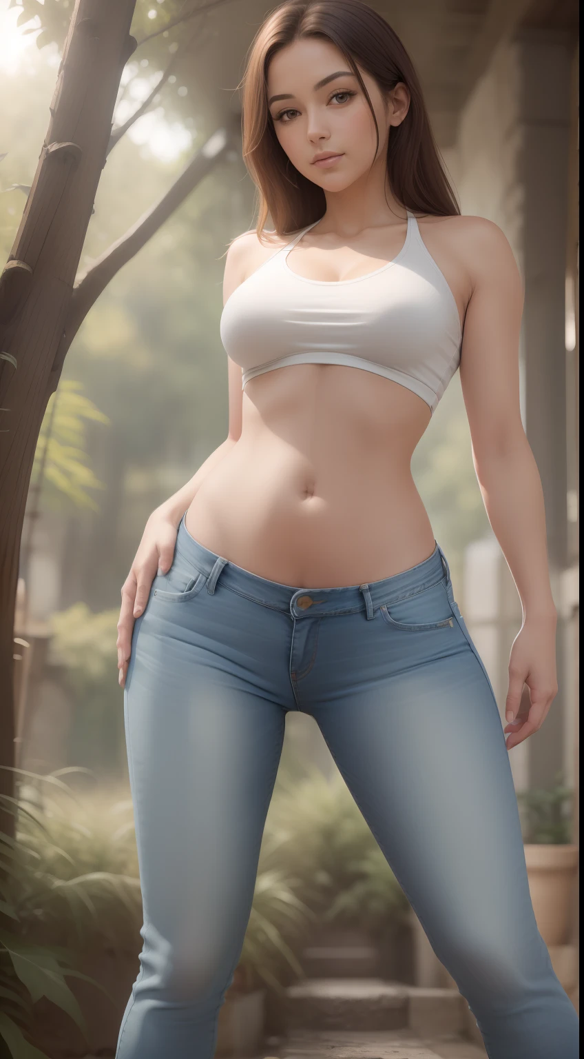 Red haired Latina, in white tank-top, white cotton panties, no pants, blue background, green eyes, realistic 3D game model, intricate details