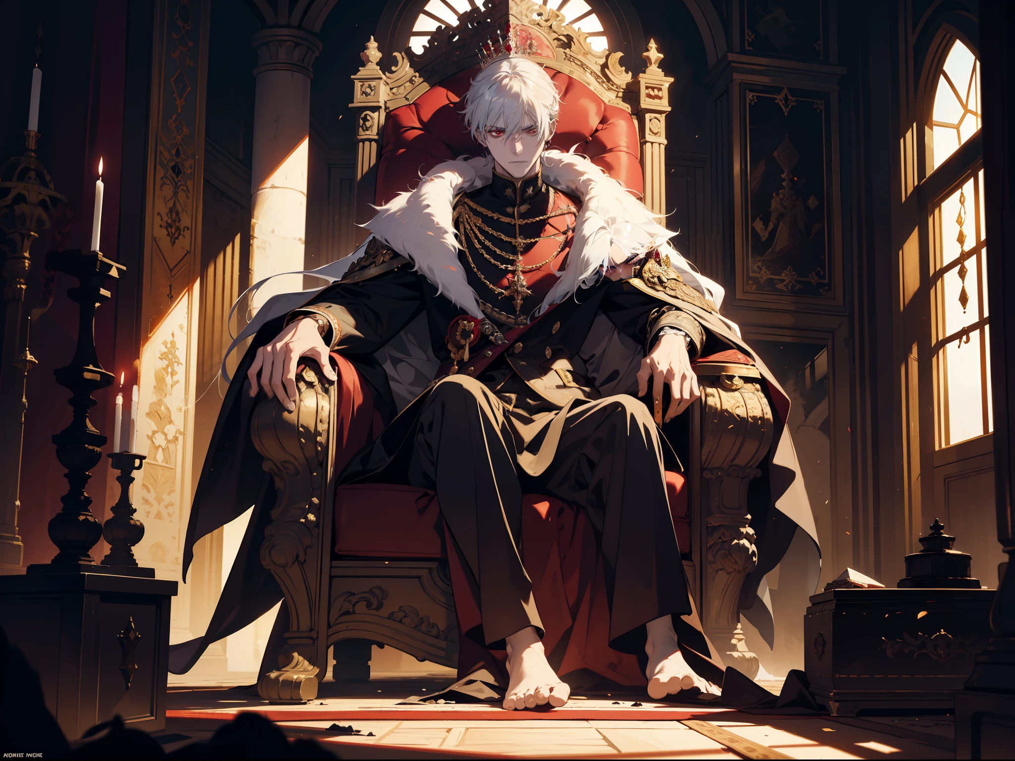 A white-haired, red-eyed prince sits on a majestic throne inside an abandoned palace with crown. The environment around him is dark and gloomy, with cracks in the walls and cobwebs hanging there. The throne is ornate, with details in gold and precious stones, and is covered by a dusty cloth. The protagonist is wearing royal clothing, with a determined expression on his face, as he stares at the horizon with glowing red eyes, masterpiece, best quality, ultra-detailed, illustration, 8k resolution concept art, fantasy art, epic art, concept art wallpaper 4k, deep color, natural lighting. adult, handsome, tall muscular guy, broad shoulders
