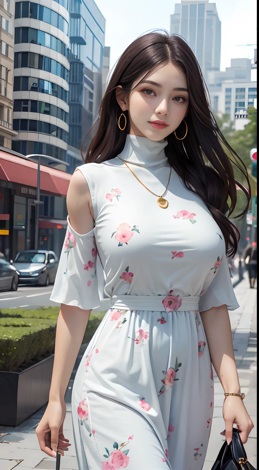 (Masterpiece, Best quality), Young woman, perfect slim fit body, (Huge breasts), big gorgeous eyes, Soft smile, Delicate turtleneck print sun dress, necklace, shairband, afternoon walk, City garden, Excellent lighting, Bright colors, Clean lines