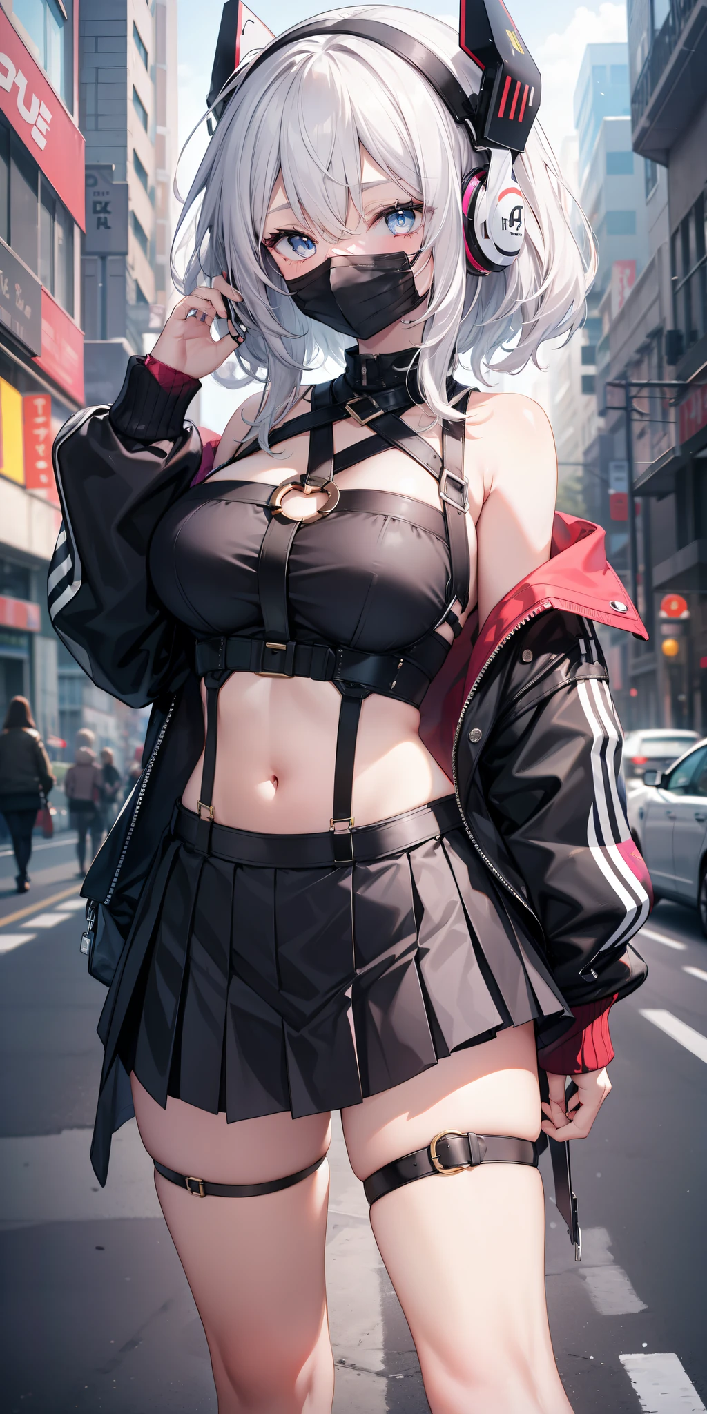 masterpiece, best quality, tall, clearire2, 1girl, Sister Cleaire, Only, long hair, open sexy clothes, black skirt, Black stockings, long sleeves, chest harness, black shirt, two sides up, bangs, crop top, miniskirt, Shoes, futuristic headphone, O-Ring, midriff, black and white hair, different color eyes, off shoulder, big breasts, thigh strap, pleated skirt, eye braces, perfect eyes, cropped shirt, street, mask, standing