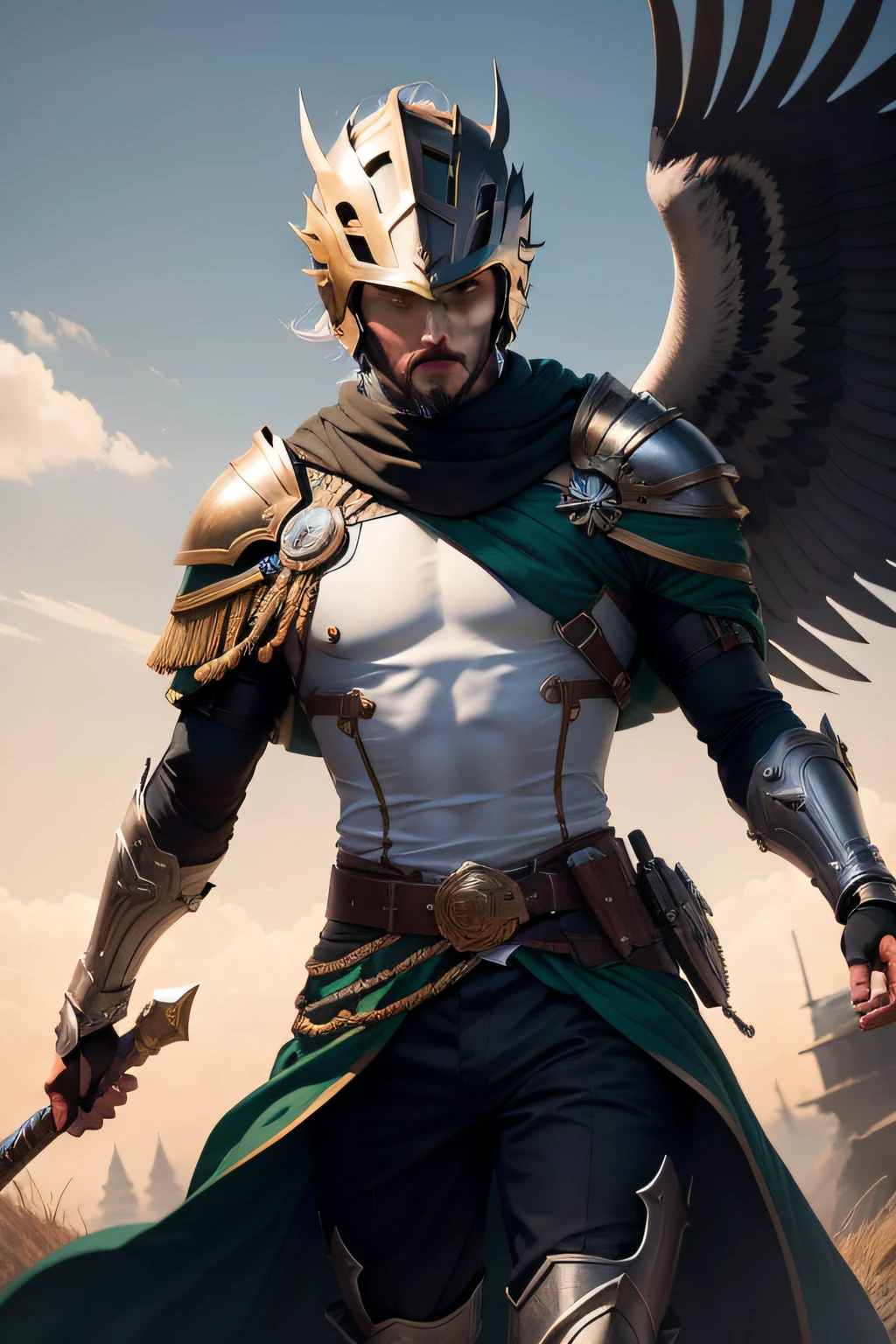 Nas primeiras luzes da aurora, um guerreiro surge das sombras, uma figura imponente em armadura prateada adornada com cicatrizes de batalhas passadas. His eagle helmet symbolizes vision and strategy, while its black cloak evokes mystery. Wielding a legendary sword, His confidence is evident in every calculated move. His piercing eyes reflect wisdom and determination, Revealing that war goes beyond physical force. But it is his heart that defines him – nourished by love of country, Commitment to justice and protection of the vulnerable. Moving Into the Unknown, ele personifica virtudes nobres, Inspiring others to embrace challenges with fearlessness. His story will echo in songs and tales, urging future generations to face adversity with the same courage.