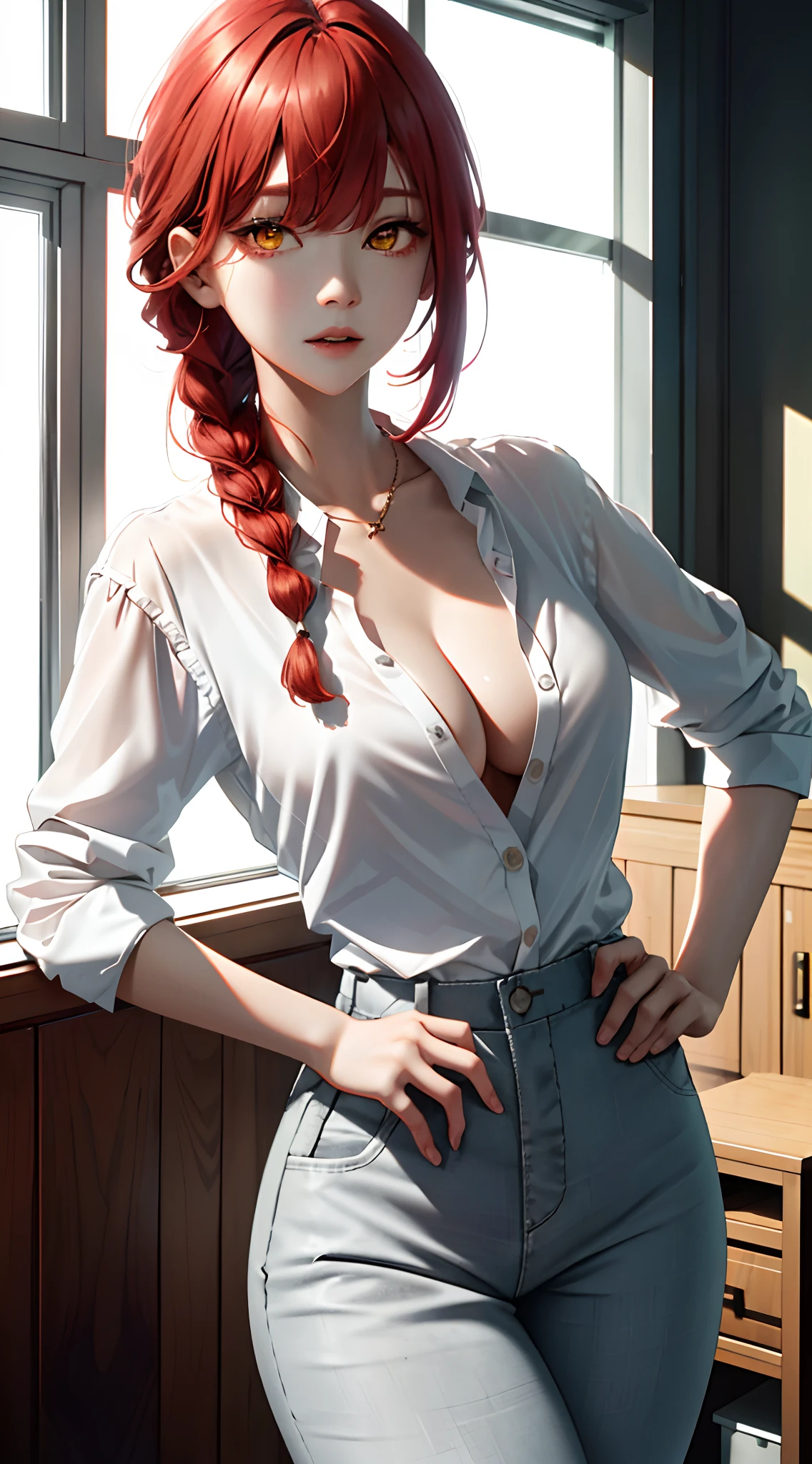 tmasterpiece,(真实感:1.1),best qualtiy,Large breasts(cleavage:1.3),beautiful light up,(Ulzzang-6500:0.5),makima \(chainsawman\),(red hair)+(long braid)+(By bangs),Yellow eyes,Golden eyes, ((eye socket)), (white shirt), (tiese), RAW photos, 8K UHD, filmgrain,Light,Half-body close-up,both hands on hip