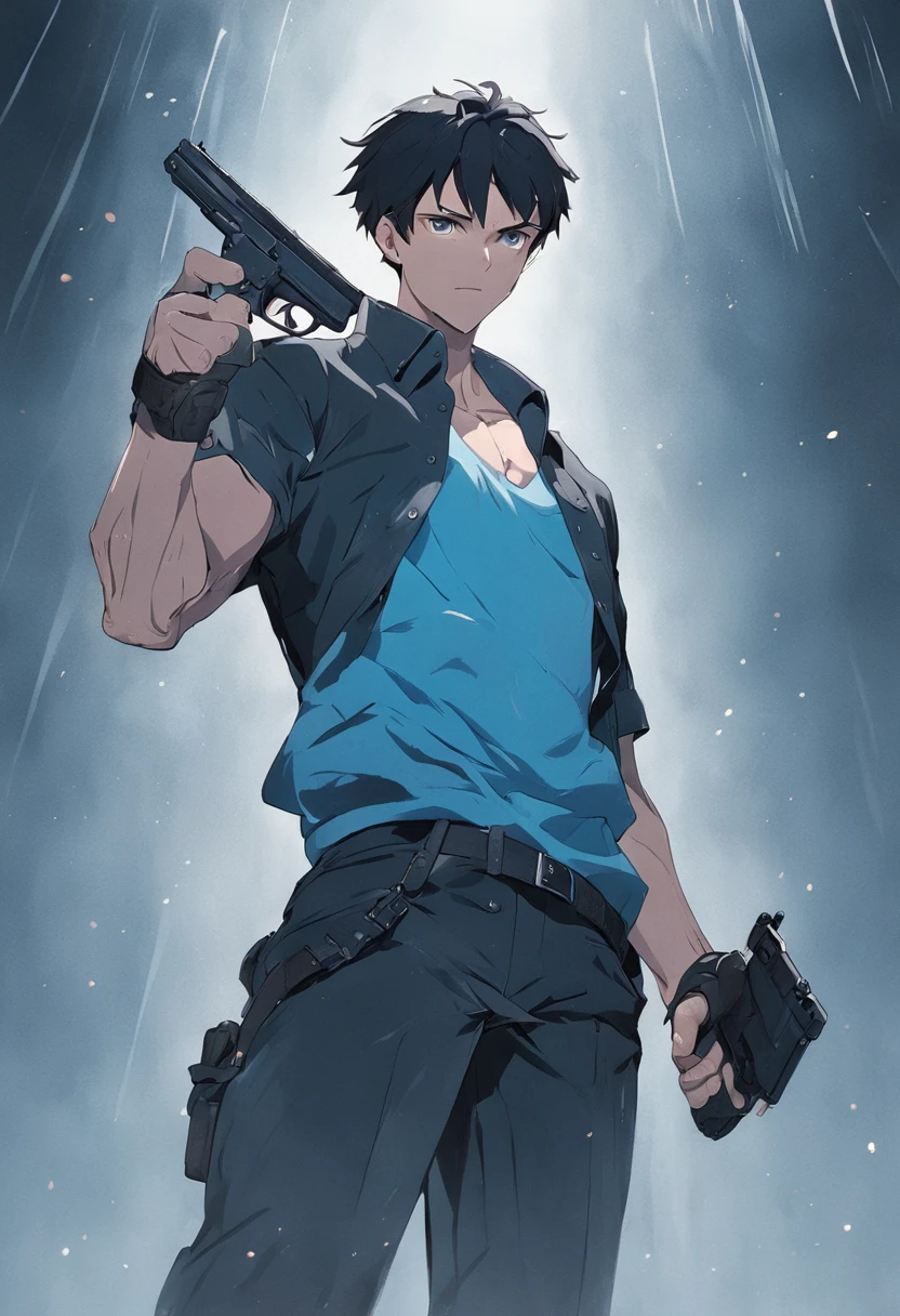 1 man, male focus solo, middle aged man, tall, lean muscle, light blue shirt, black leather shoulder holster, faded black trouser, full body shot, black short hair, facial hair, holding a pistol with two hands, (pistol:1.2), ultra high quality, masterpiece, low camera angle, intense splashed blue and white paint in the blackground