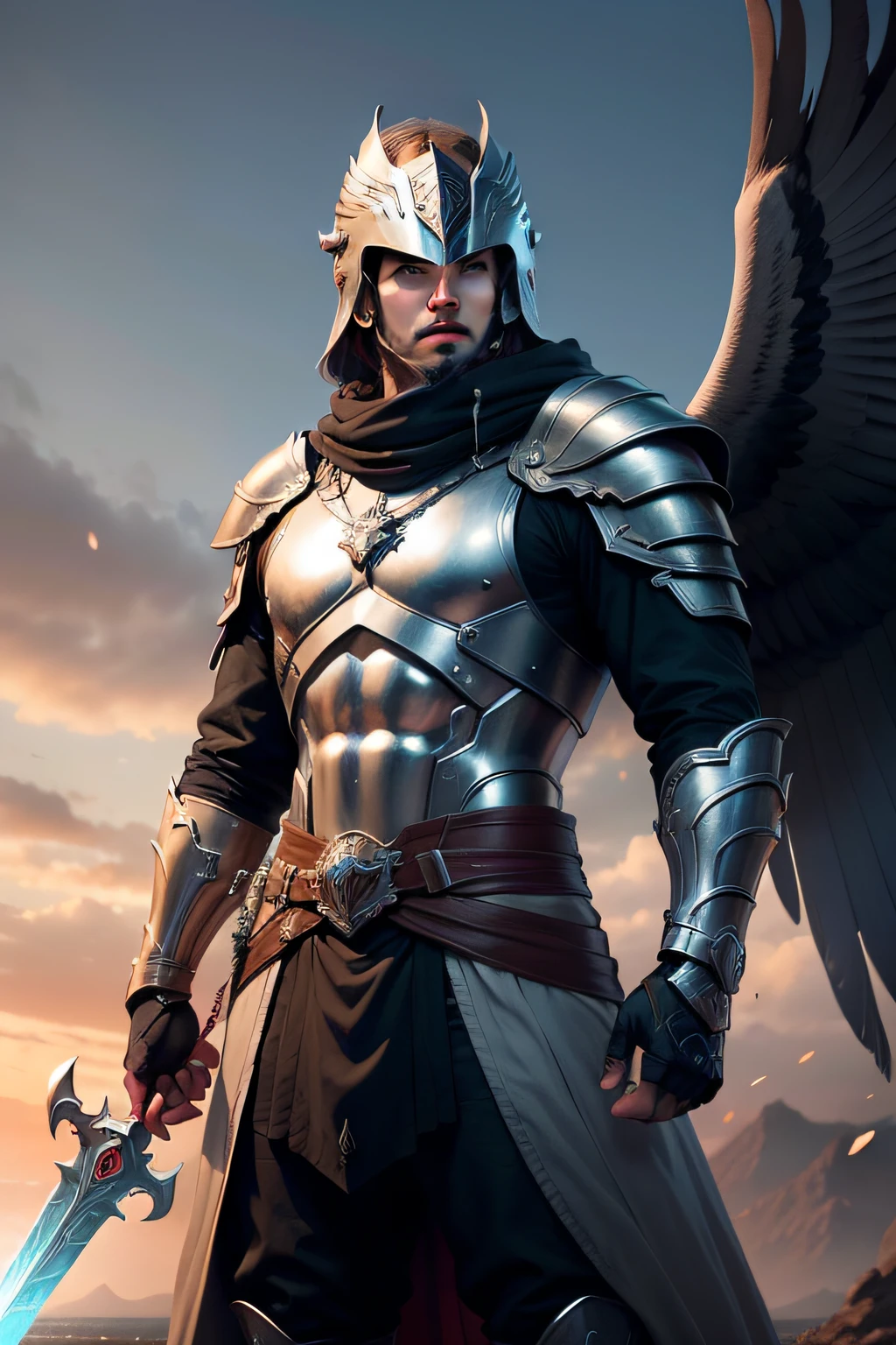 Nas primeiras luzes da aurora, um guerreiro surge das sombras, uma figura imponente em armadura prateada adornada com cicatrizes de batalhas passadas. His eagle helmet symbolizes vision and strategy, while its black cloak evokes mystery. Wielding a legendary sword, His confidence is evident in every calculated move. His piercing eyes reflect wisdom and determination, Revealing that war goes beyond physical force. But it is his heart that defines him – nourished by love of country, Commitment to justice and protection of the vulnerable. Moving Into the Unknown, ele personifica virtudes nobres, Inspiring others to embrace challenges with fearlessness. His story will echo in songs and tales, urging future generations to face adversity with the same courage.