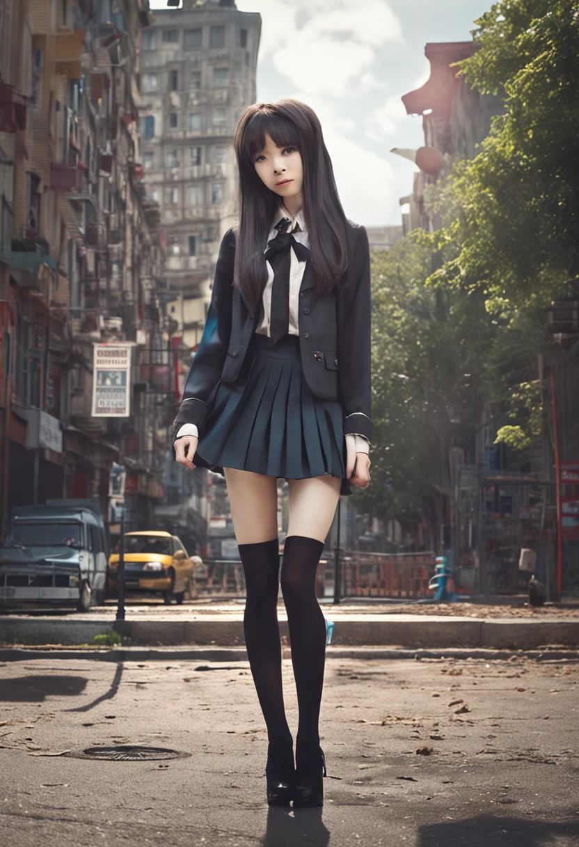 schoolgirls,long whitr hair,short skirt,black lence stockings,high-heels