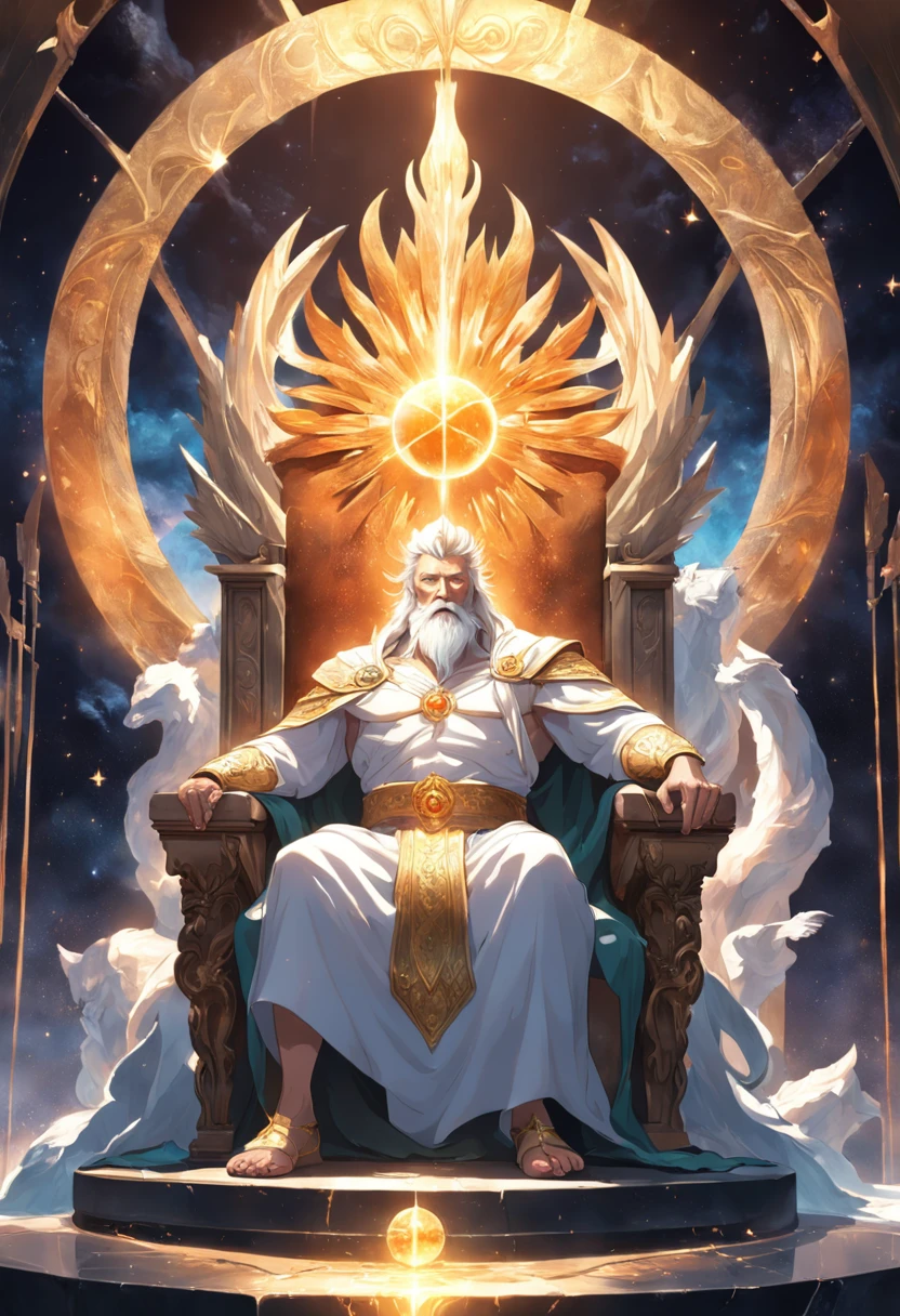 super high resolution, best quality, photo, 16k, (photorealistic: 1.2), cinematic lighting, An old man in the shape of a mythical god. Depict the god holding the sun and moon, enveloped by a radiant aura. Seat them on a magnificent throne within a cosmic backdrop, in bright white cloaks floating on the crystal throne, floating on crystal clouds, surrounded by the splendors of the universe. Pay meticulous attention to stunning details and achieve a resolution of 64K for an immersive and realistic visual experience. Let your work capture the essence of myth and wonder, leaving viewers in awe of its beauty and power.