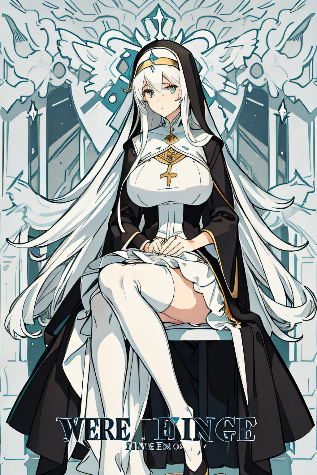 Gentle and mature wife,huge tit,long whitr hair,long layered silvery white hair,Human wife face,Dressed in a conservative black nun dress,Wearing white stockings