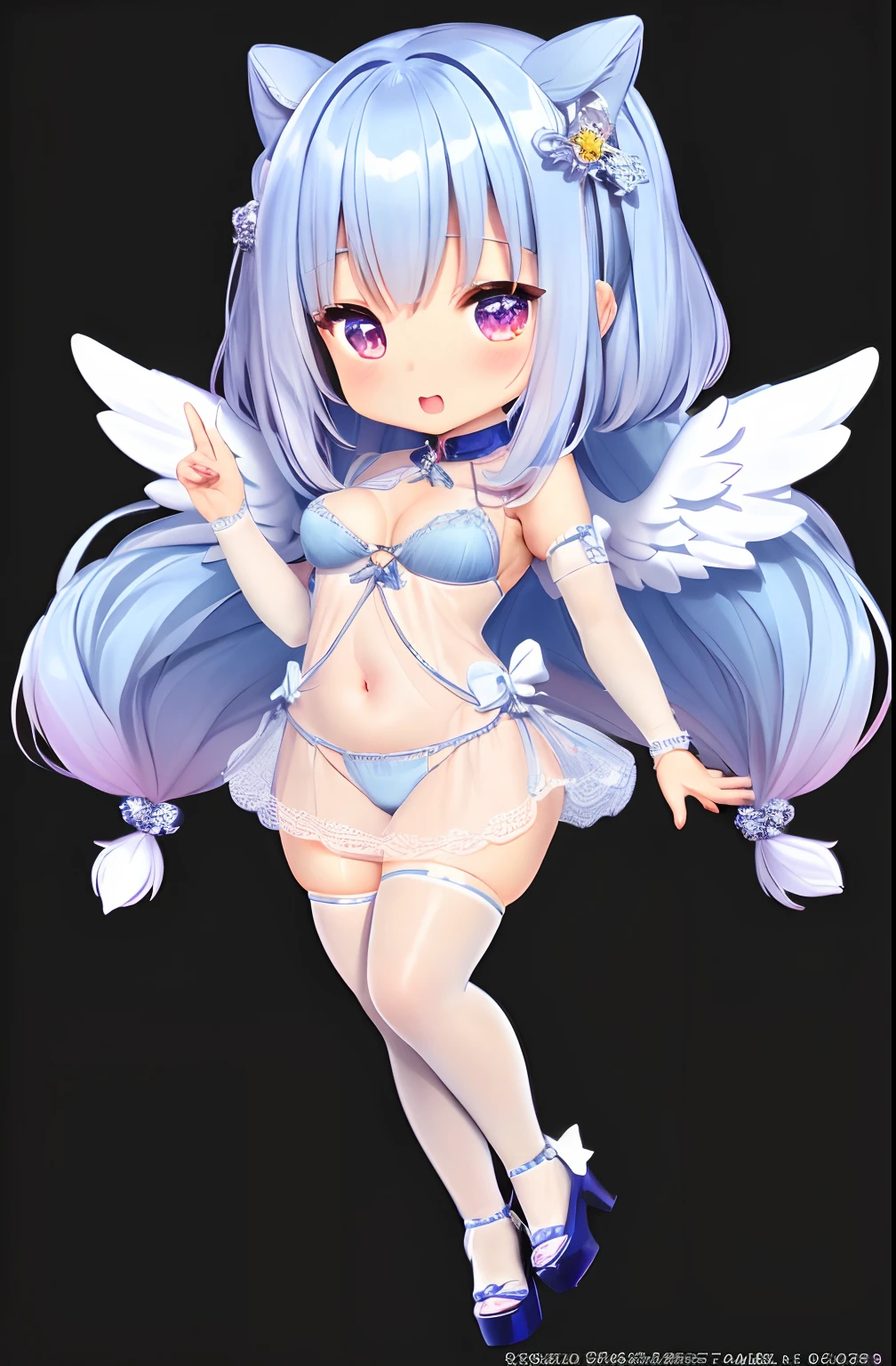 (Chibi:1.2)、（​masterpiece:1.4）、（top-quality：1.4)、（Very cute angel girl、hyperdetailed face、Eyes Like Gems、white very long hair、Colorful gradient hair:1.4）、（ring of angels：
1.4）、（Angel wings：1.4）、（full body Esbian、Perfect two arms、Perfect two legs:1.4）、(Perfect four fingers:1 thumb)、(((Sukesuke's costume、teats see through)))、optic、brilliance、Bokeh、Ultra-fine