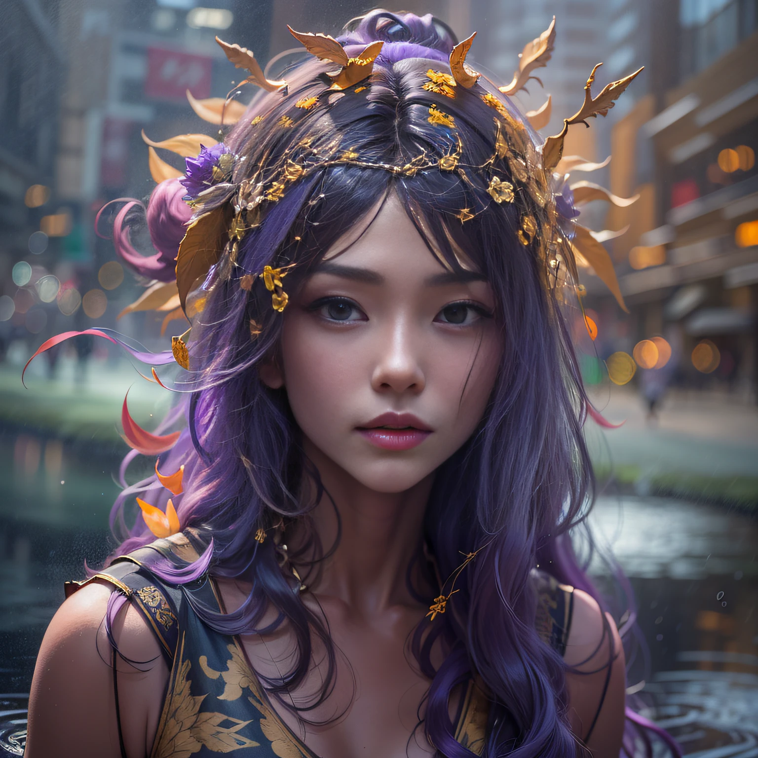 Portrait photo of transparent camouflage wearing princess suit，（（Light bokeh）），复杂，（（semi transparent）Liquid water [Rust]），ellegance，Clear focus，Photo by Greg Rutkowski，gentlesoftlighting，Bright color，tmasterpiece，（（Streets） )), Detailed flowing bright purple long hair，Autumn Pond，zydink， a color， Asian people （Girl silk scarf）， Combat posture， looking at the ground， long whitr hair， Floating bright purple， Fire cloud pattern gold skull headdress， Chinese long-sleeved gold silk garment， （abstract ink splash：1.2）， white backgrounid，Lotus protector（realisticlying：1.4），Bright purple hair，Smoke on the road，The background is pure，Side squats， A high resolution， the detail， RAW photogr， Sharp Re， Nikon D850 Film Stock Photo by Jefferies Lee 4 Kodak Portra 400 Camera F1.6 shots, Rich colors, ultra-realistic vivid textures, Dramatic lighting, Unreal Engine Art Station Trend, cinestir 800，Long flowing bright purple hair